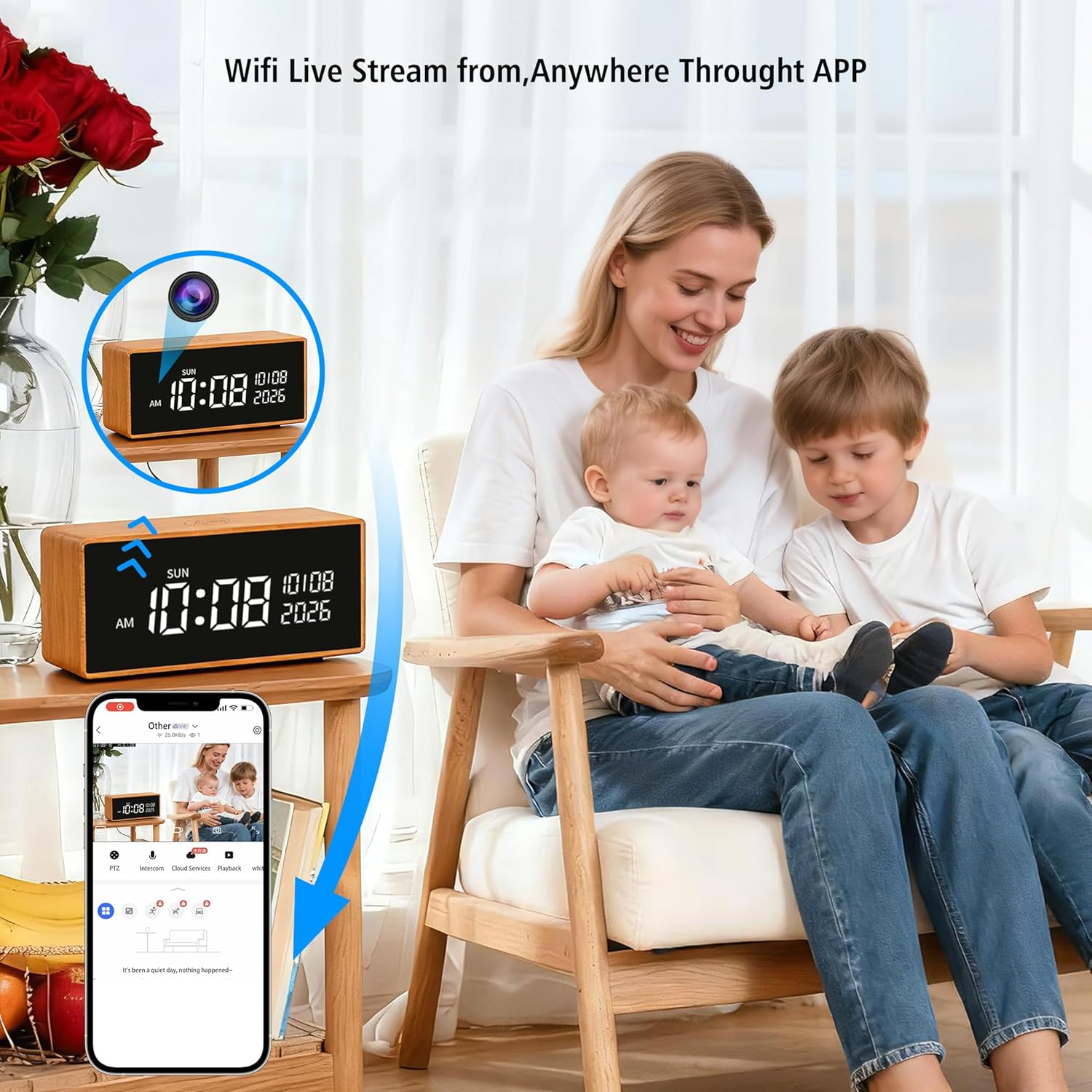 Clock Camera, 1080P Full HD, Security Camera, with Night Vision, Bluetooth Connection，AI Motion Detection Alarm, Local & Cloud Storage, Nanny Camera for Indoor Home Security