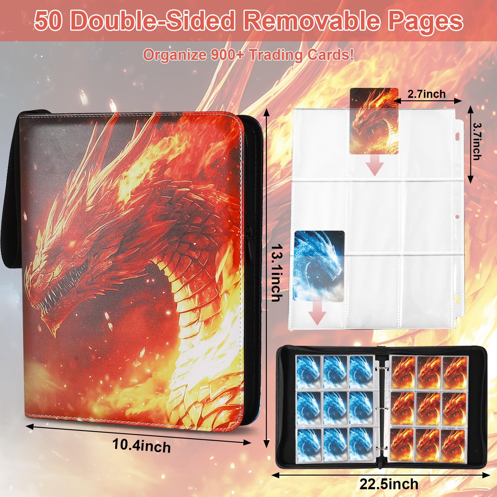 Fire & Ice Dragon - Raccoglitore per carte collezionabili a 9 tasche, contiene 900 carte con 50 maniche rimovibili su entrambi i lati, raccoglitore con cerniera in pelle PU impermeabile per
