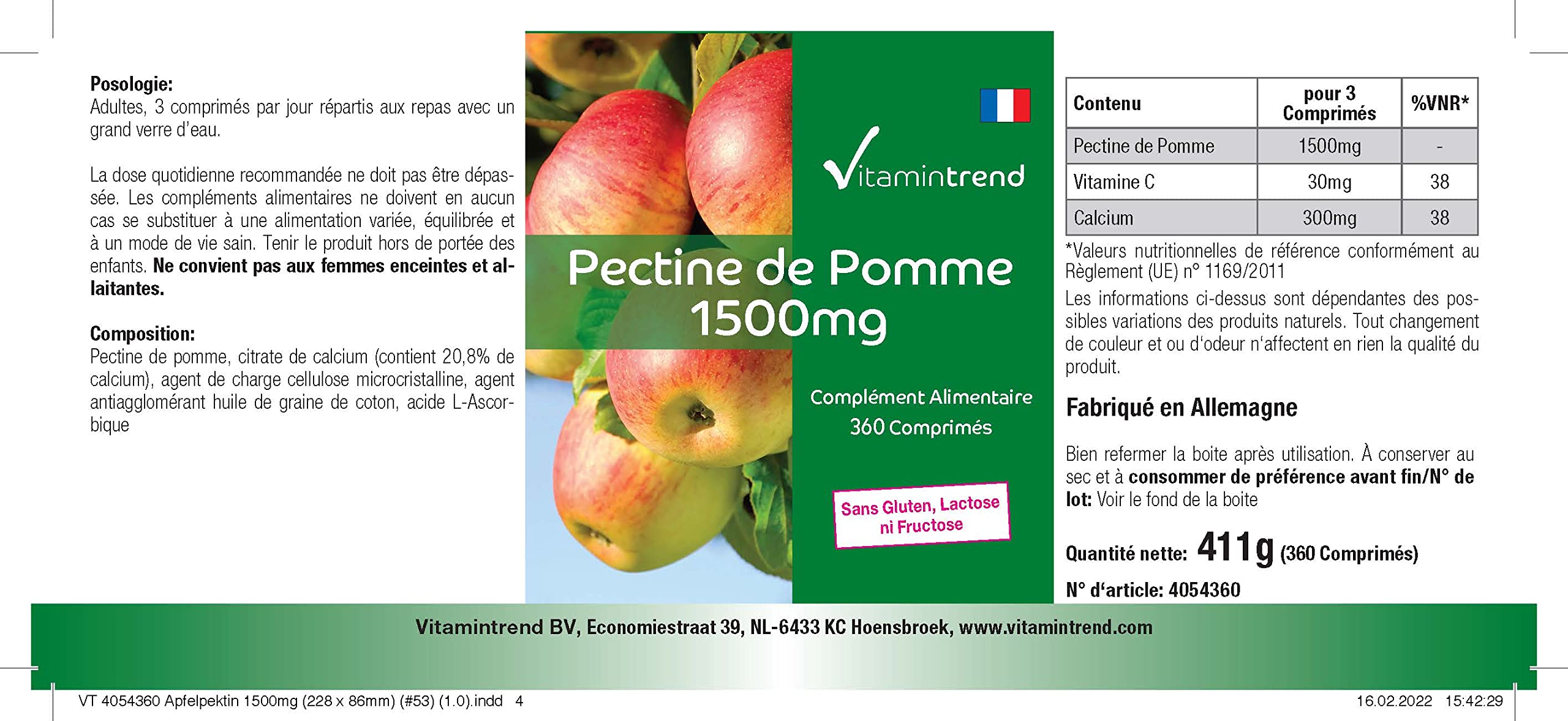 Vitamintrend Pectine de pomme 1500 mg, 360 comprimés, avec calcium et vitamine C, complément alimentaire végane sans additifs, fabriqué en Allemagne
