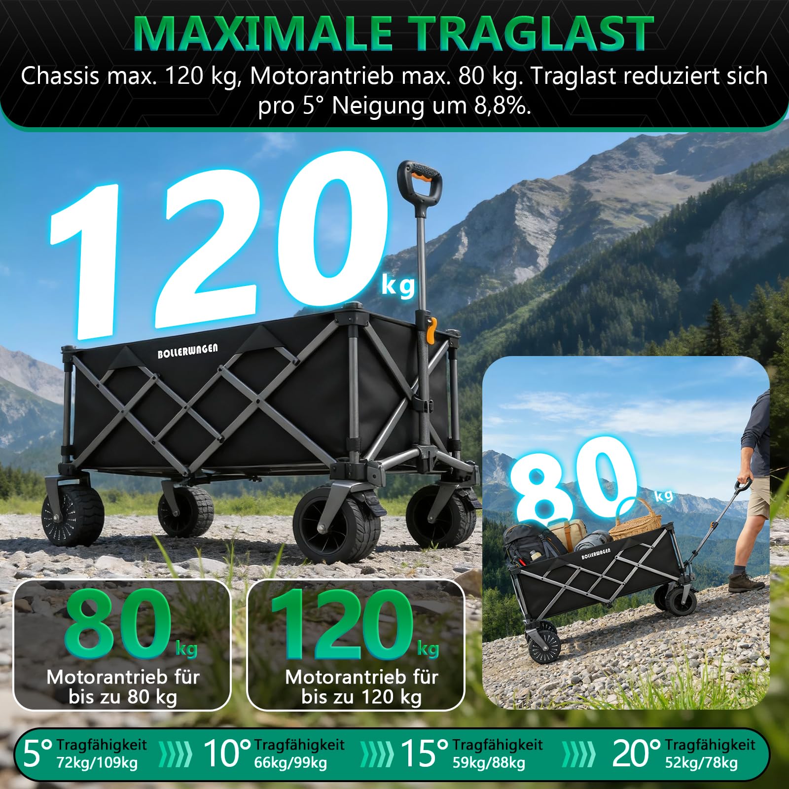 Chariot électrique Pliable, Chariot de Plage avec Moteur sans balais | Conception entièrement Pliable | 280L à 80KG | 3 Vitesses | Chariot de Jardin avec Plateau de Table pour Jardin (Noir)