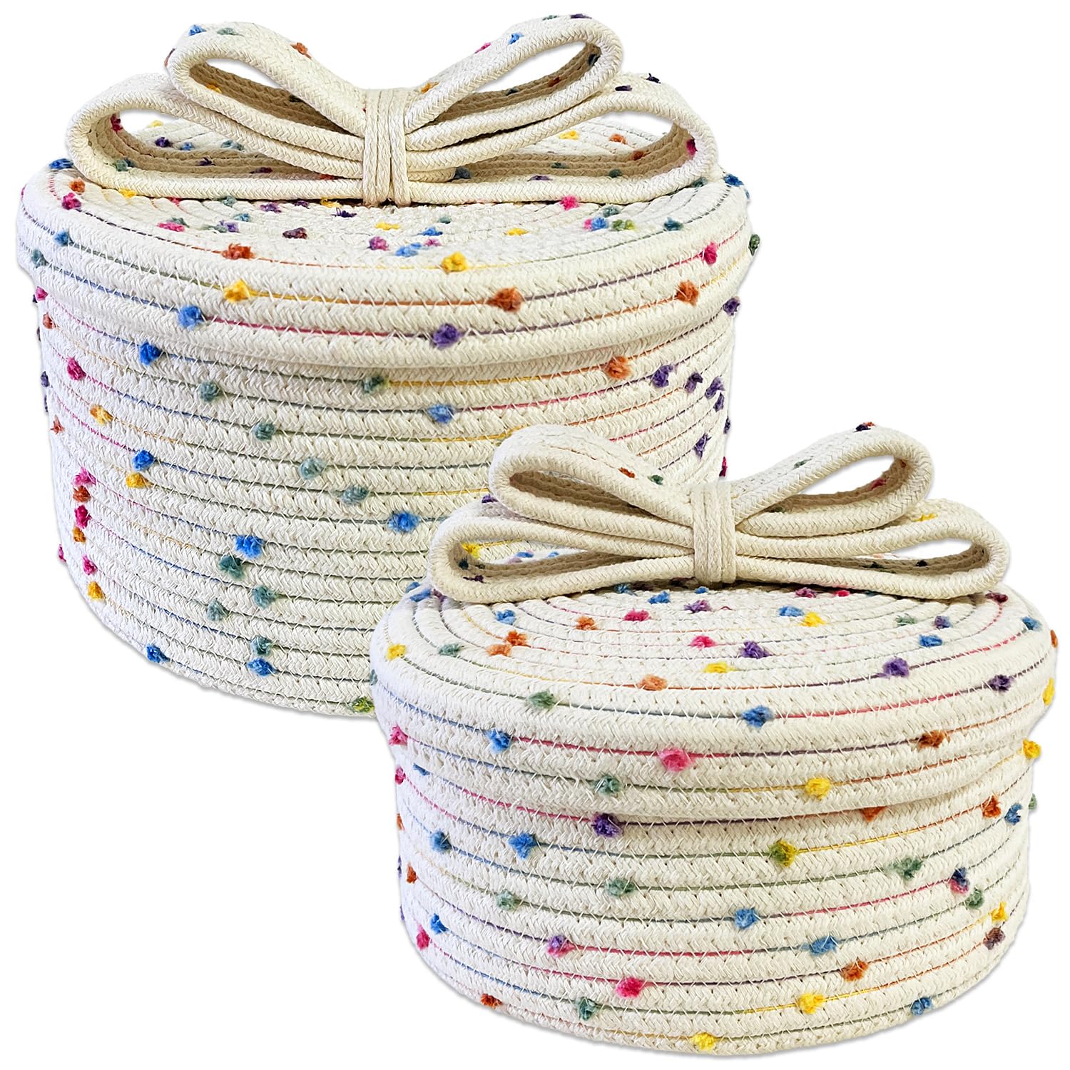 Small Woven Storage Baskets with Lids, Round Cotton Rope Basket with Lid, Cute Storage Box for Small Toy, Gift or Home Decor, Decorative Basket with Rainbow Pom-pom &amp; Cute Bow Handle (rainbow)