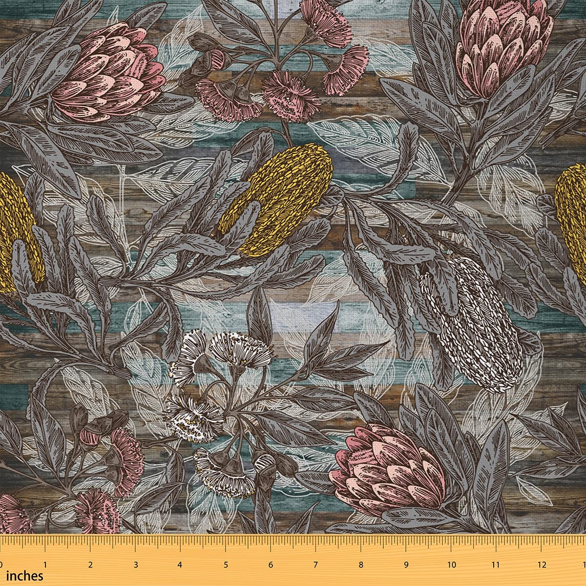 Protea Flower Fabric by The Yard Vintage Tropical Africa Floral Farmhouse Style Fabric for Kids Teens Adults Rustic Retro Wooden Borad DIY Sewing Fabric for Sofa Chair Kids Bedroom Decor,3 Yards