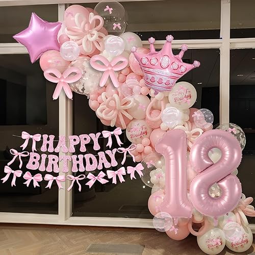 Miniatura 3 de Decoraciones de cumpleaños con lazo rosa número 18 para niñas, decoración de fiesta de coqueta que incluye 40 pulgadas de papel de aluminio número