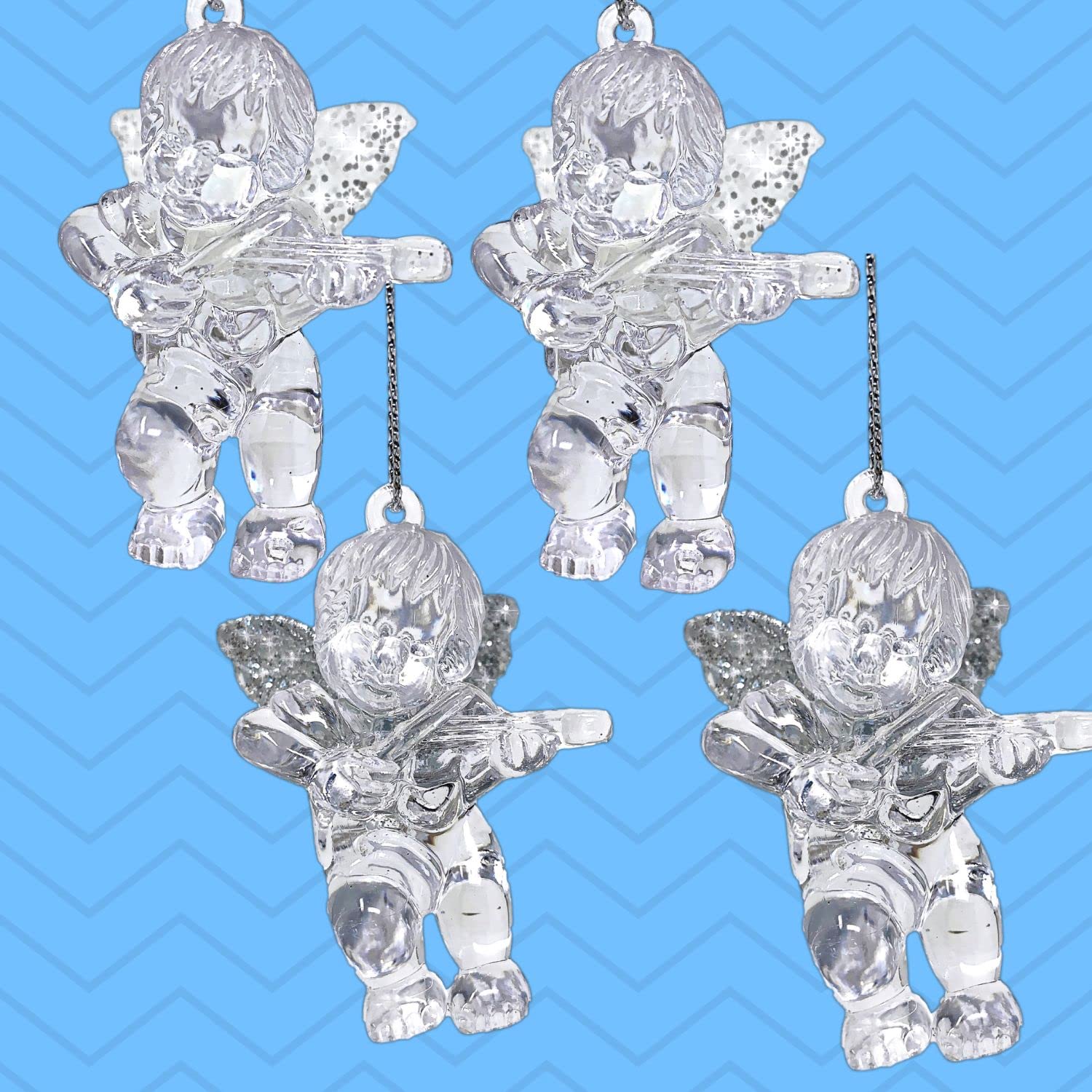 Lot De 4 Anges Décoratifs Banberry Designs – Chérubins En Acrylique Avec Ailes Pailletées Argent Et Blanc – Ornements De Noël Pour Sapin – Hauteur 6,3 Cm