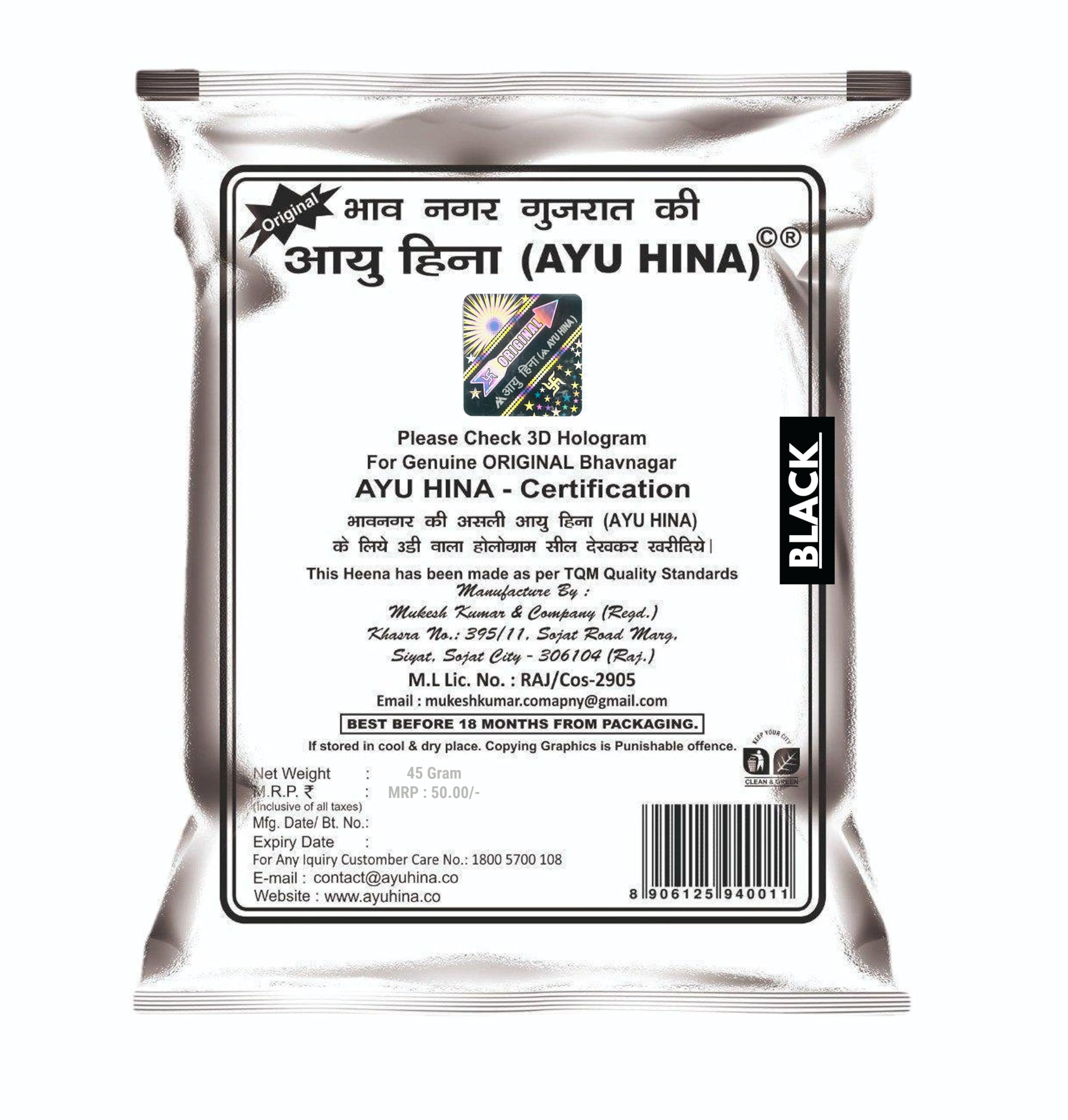 Ayu Hina Henna - Natural Black Bhavnagar Henna Mehndi Powder 45G|Pack Of 10 For Hair Coloring And Conditioning|100% Pure And Chemical-Free Herbal Hair Dye|Nourishes And Strengthens Hair Naturally