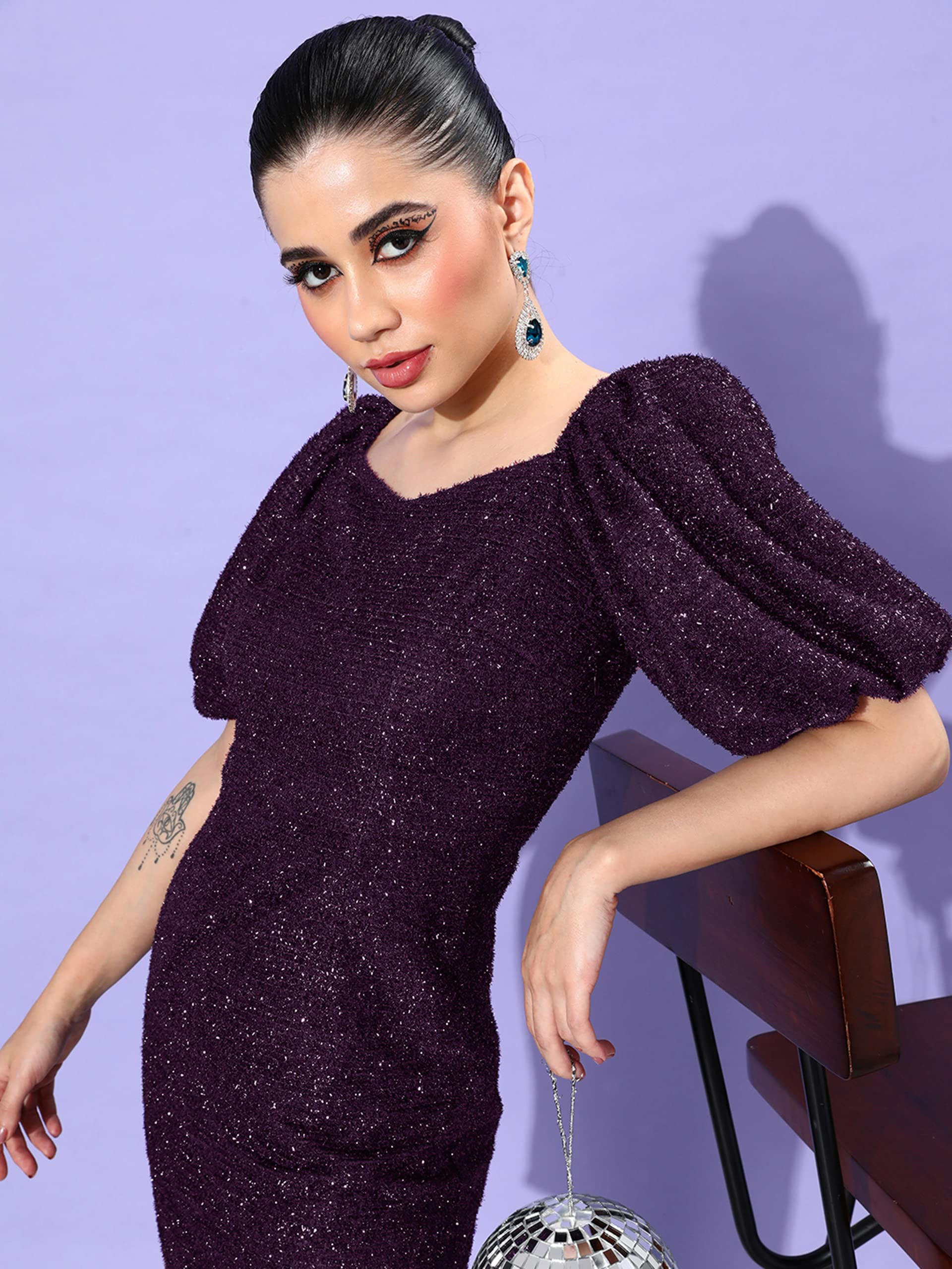 Miss Chase Women's Dark Purple-Colored Square Neck Half Sleeve Self Design Bodycon Mini Dress (Mcaw22D16-29-289-05, Purple, L)