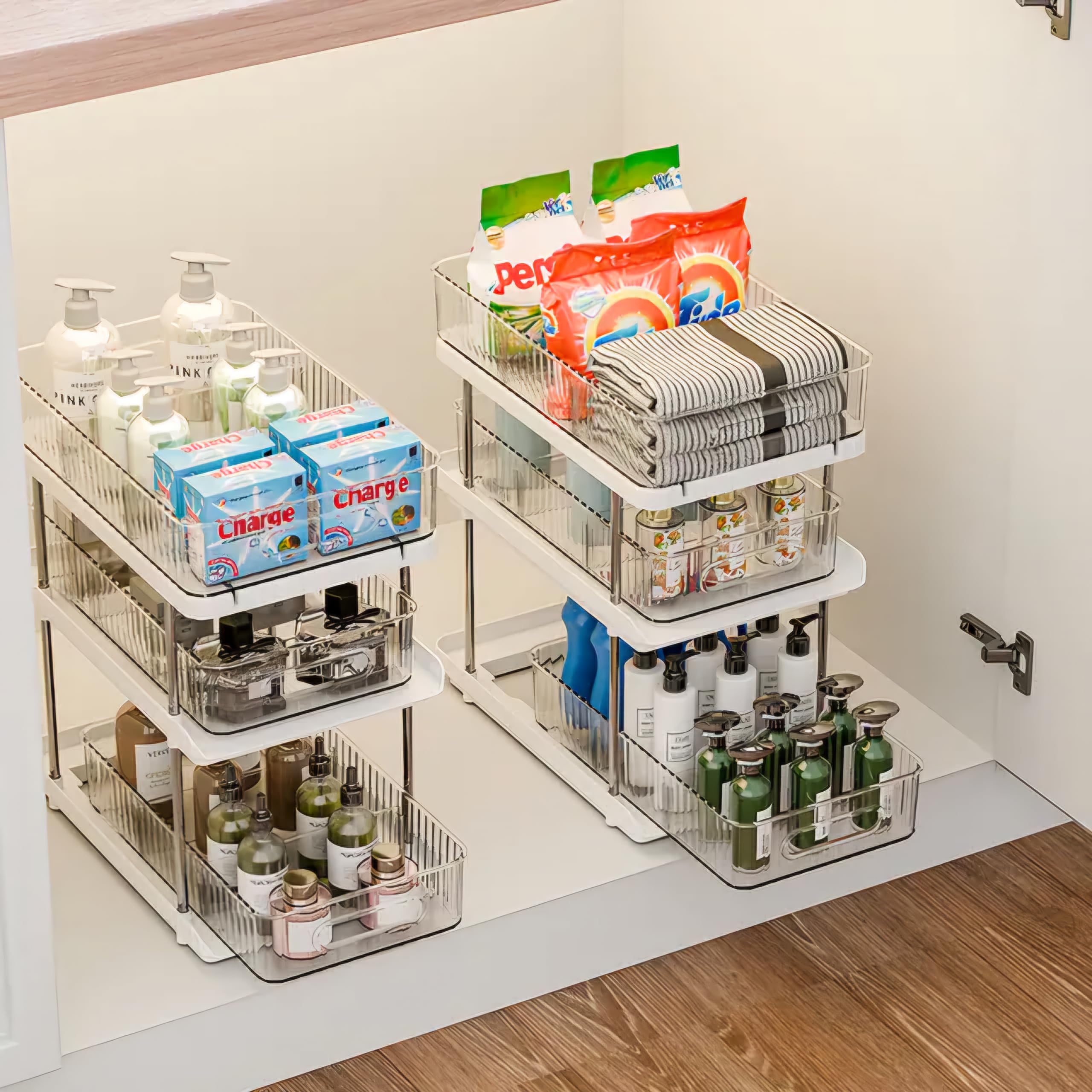 3-Tier Under Sink Organizer with Adjustable Dividers – Kitchen Storage Rack for Cleaning Supplies, Utensils & Pantry – Durable, Space-Saving Design (transparent in white)