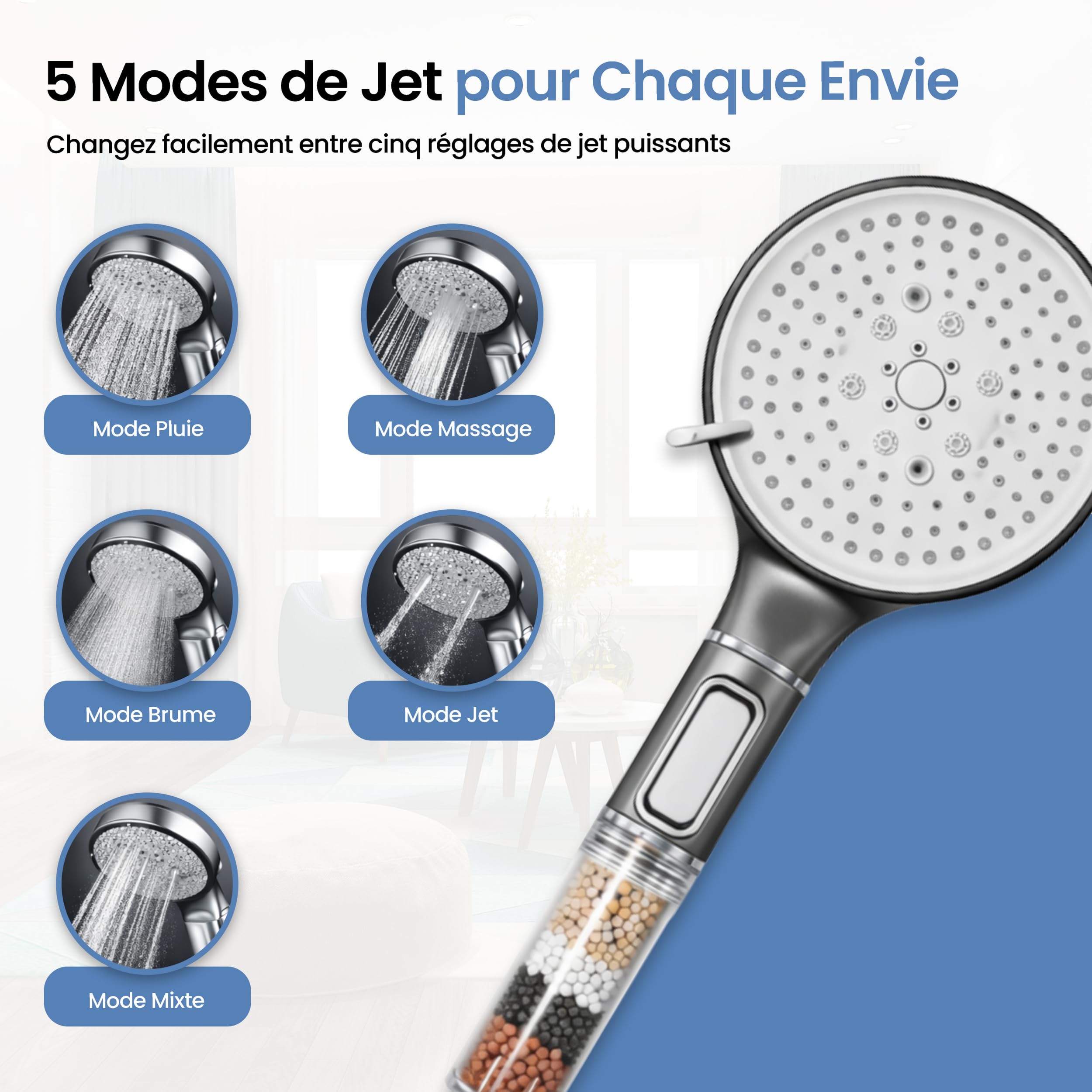 MELTA® Pommeau de Douche Haute Pression Filtrant avec Flexible 1,5 m – Douchette Anti Calcaire avec Filtre Minéral, 5 Modes de Jet, Bouton Stop Eau, Installation Sans Outils, Universel (NICKEL BROSSÉ) - 4