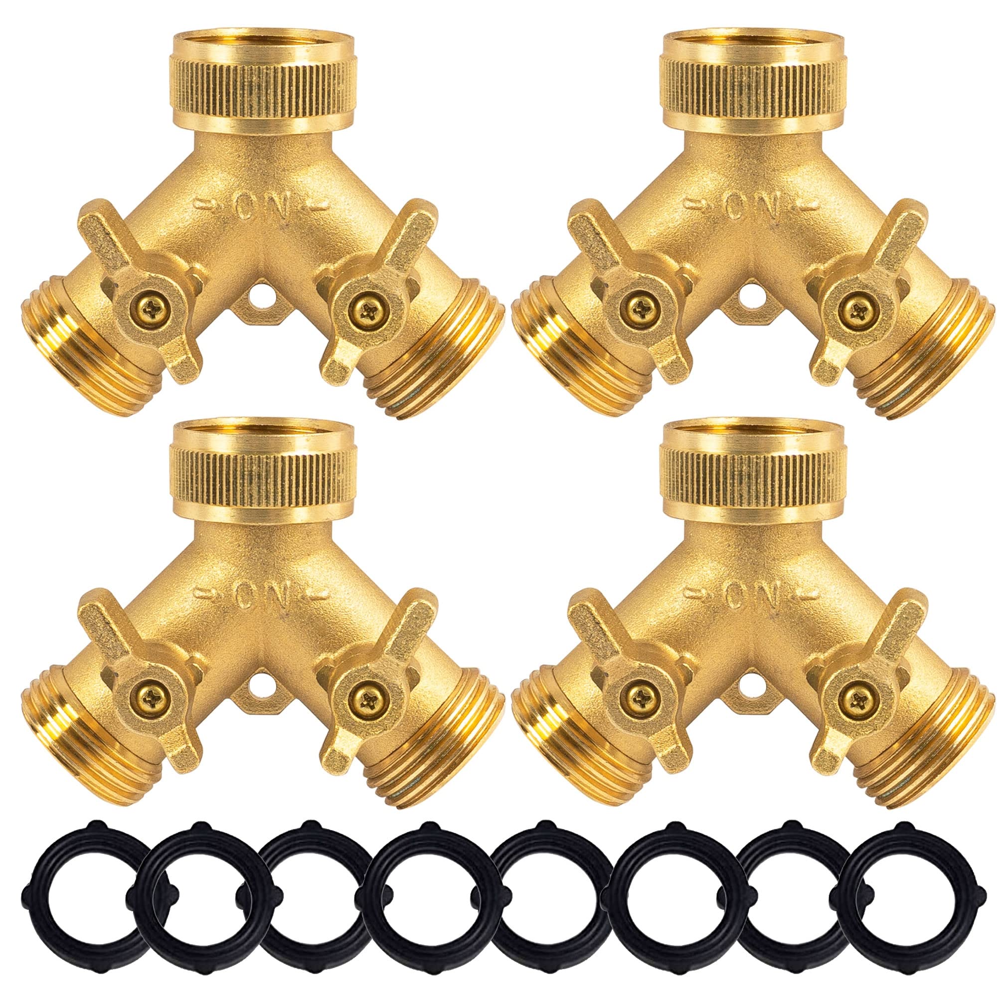 HourleeyBrass Garden Hose Splitter (2 Way), Solid Brass Hose Y Splitter, 2 Valves with 2 Extra Rubber Rings (4 Pieces)