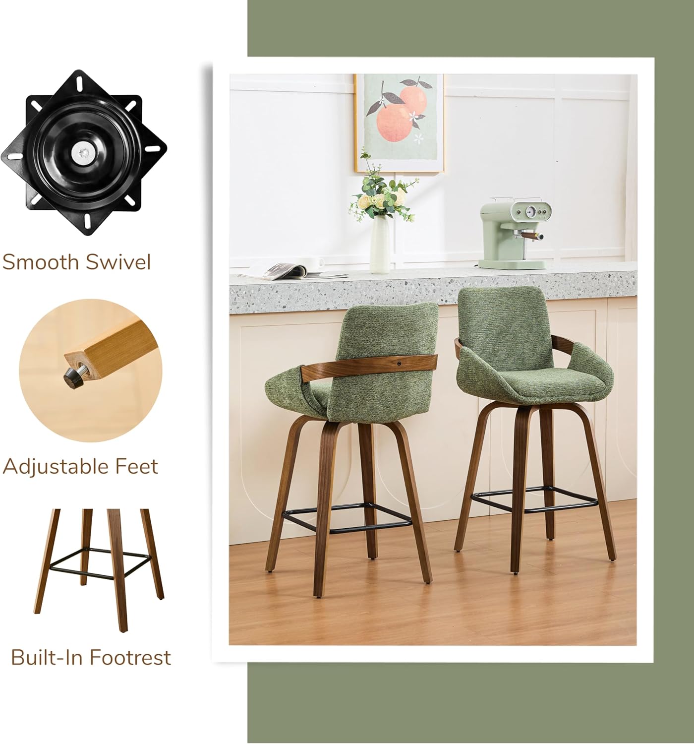 Counter Height Swivel Bar Stools Set of 3, 26" Linen Fabric Counter Stools with Walnut Bentwood Back, Cozy Mid-Century Modern Swivel Bar Stools for Kitchen Island & Home Bar Seating, Moss Green