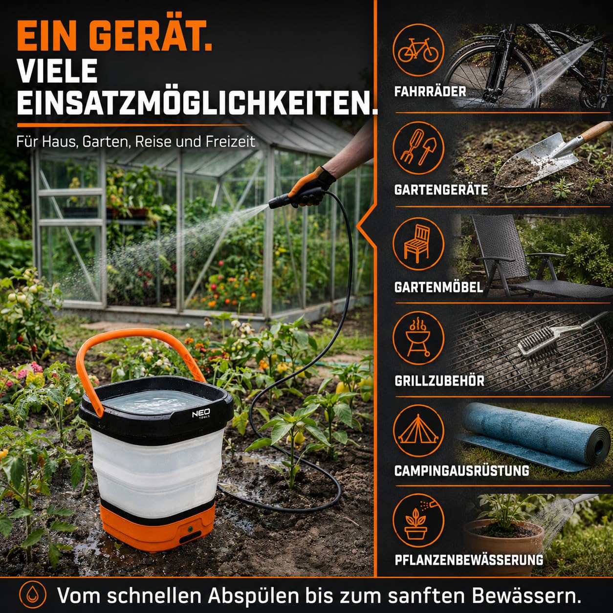 NEO TOOLS Druckreiniger Tragbarer Hochdruckreiniger mit 12L Wassertank