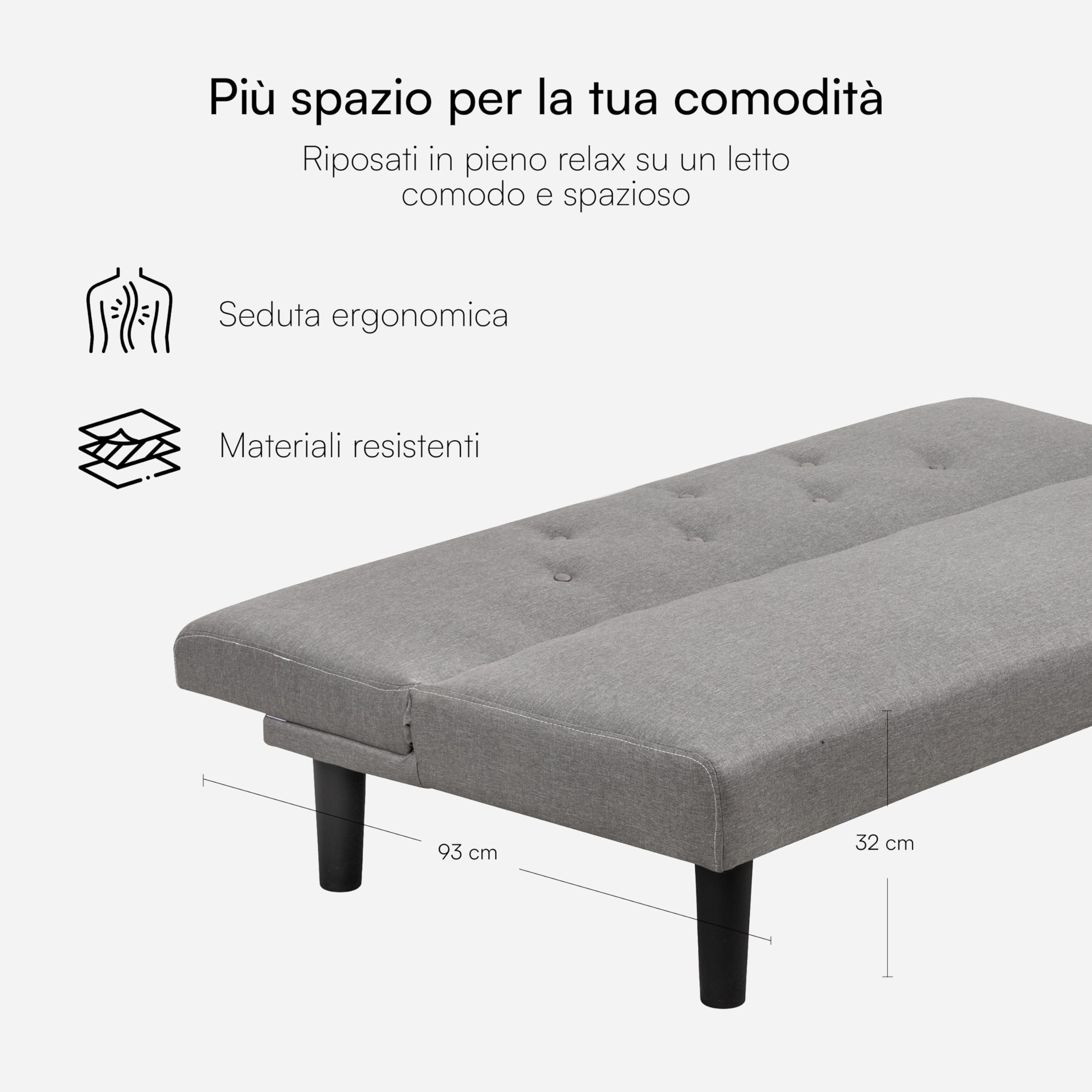 Baroni Home Divano Letto in Tessuto 3 Posti Trasformabile in Letto Imbottito, Divano Reclinabile con Gambe in Plastica da Salotto, Camera degli Ospiti, Apertura 93 cm, 167x70x77 cm, Grigio