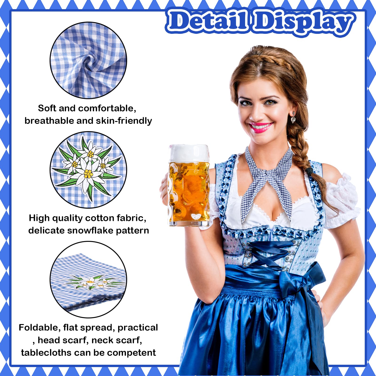 2 piezas Oktoberfest Trachtentuch Fiesta de la cerveza bufanda azul blanco Baviera damas bufanda tradicional Accesorios Oktoberfest para fiesta de la cerveza Bufanda bandana