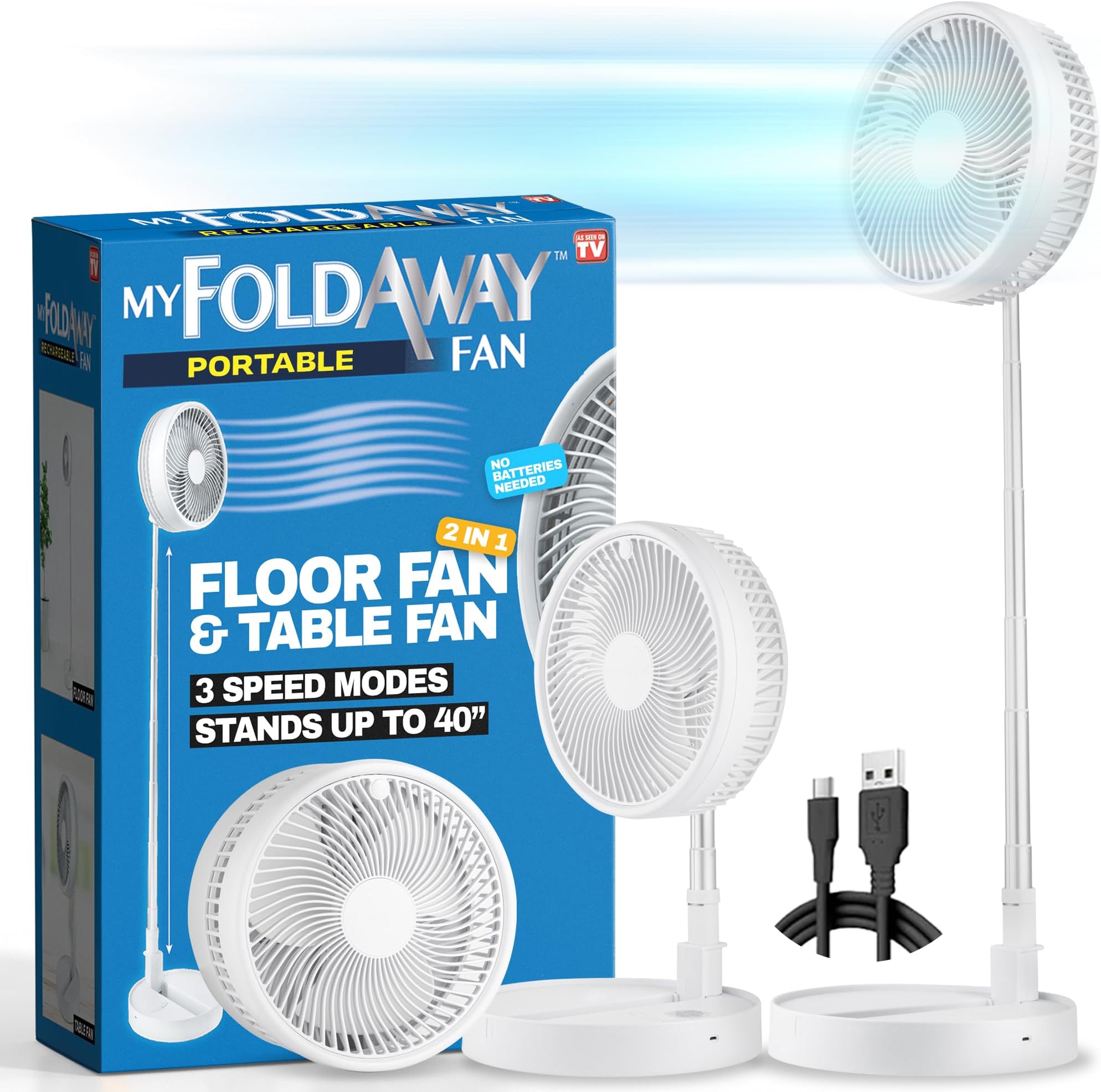 MyFoldaway Portable Fan for Travel, USB Rechargeable Cordless Portable Fans for Desk, Home, Camping, Sleeping, Lightweight Compact & Foldable Travel Fan, Pedestal Extends from 4-40โ, Quiet, 3 Speeds