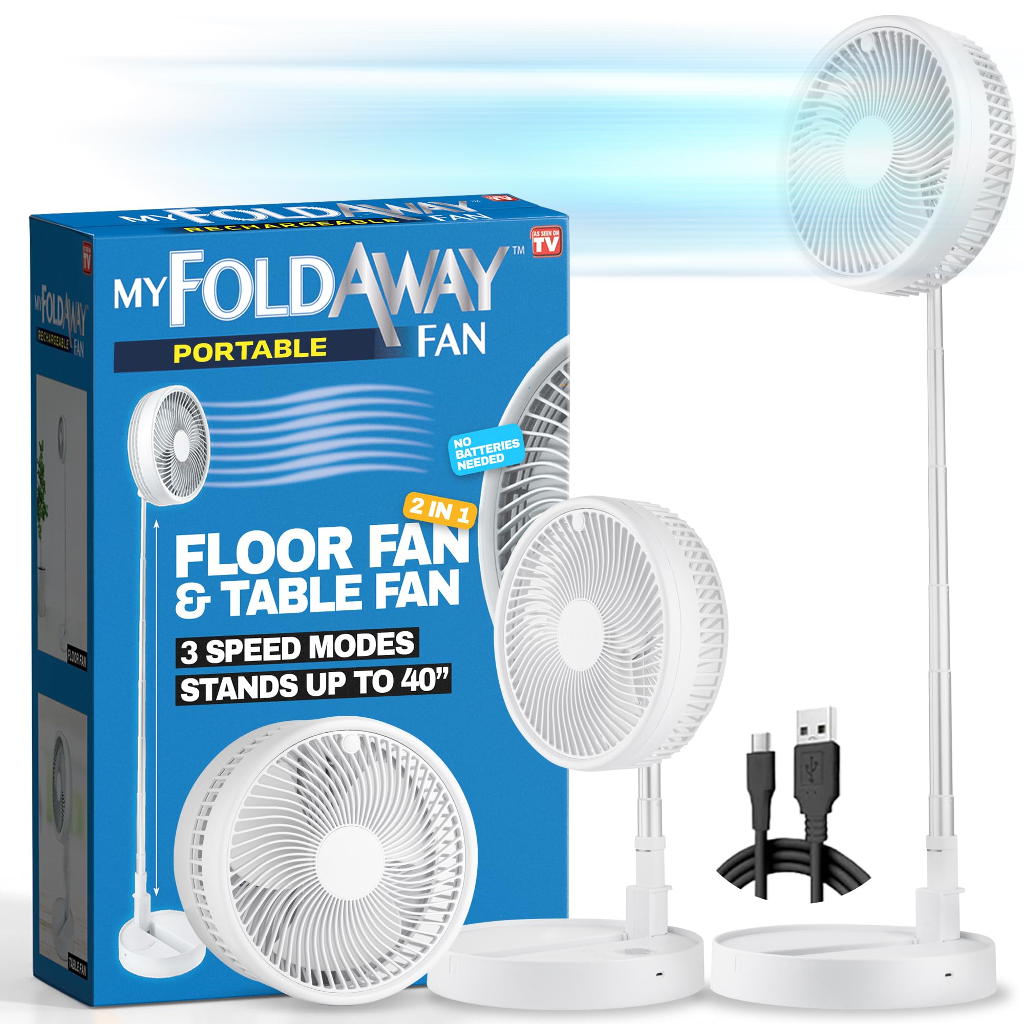 MyFoldaway Portable Fan for Travel, USB Rechargeable Cordless Portable Fans for Desk, Home, Camping, Sleeping, Lightweight Compact & Foldable Travel Fan, Pedestal Extends from 4-40”, Quiet, 3 Speeds