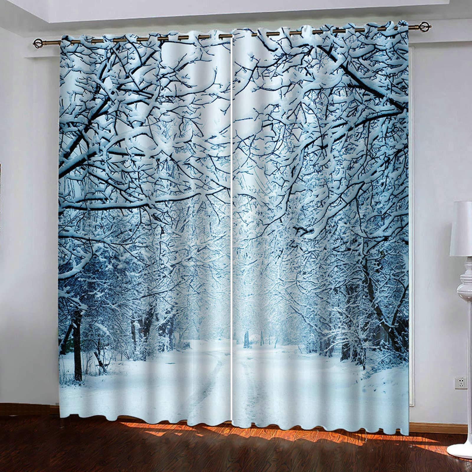Aeici Zasłony okienne do sypialni zasłony zaciemniające 2 panele, śnieżne drzewo białe niebieskie szare zasłony do sypialni zestaw 274 x 137 cm