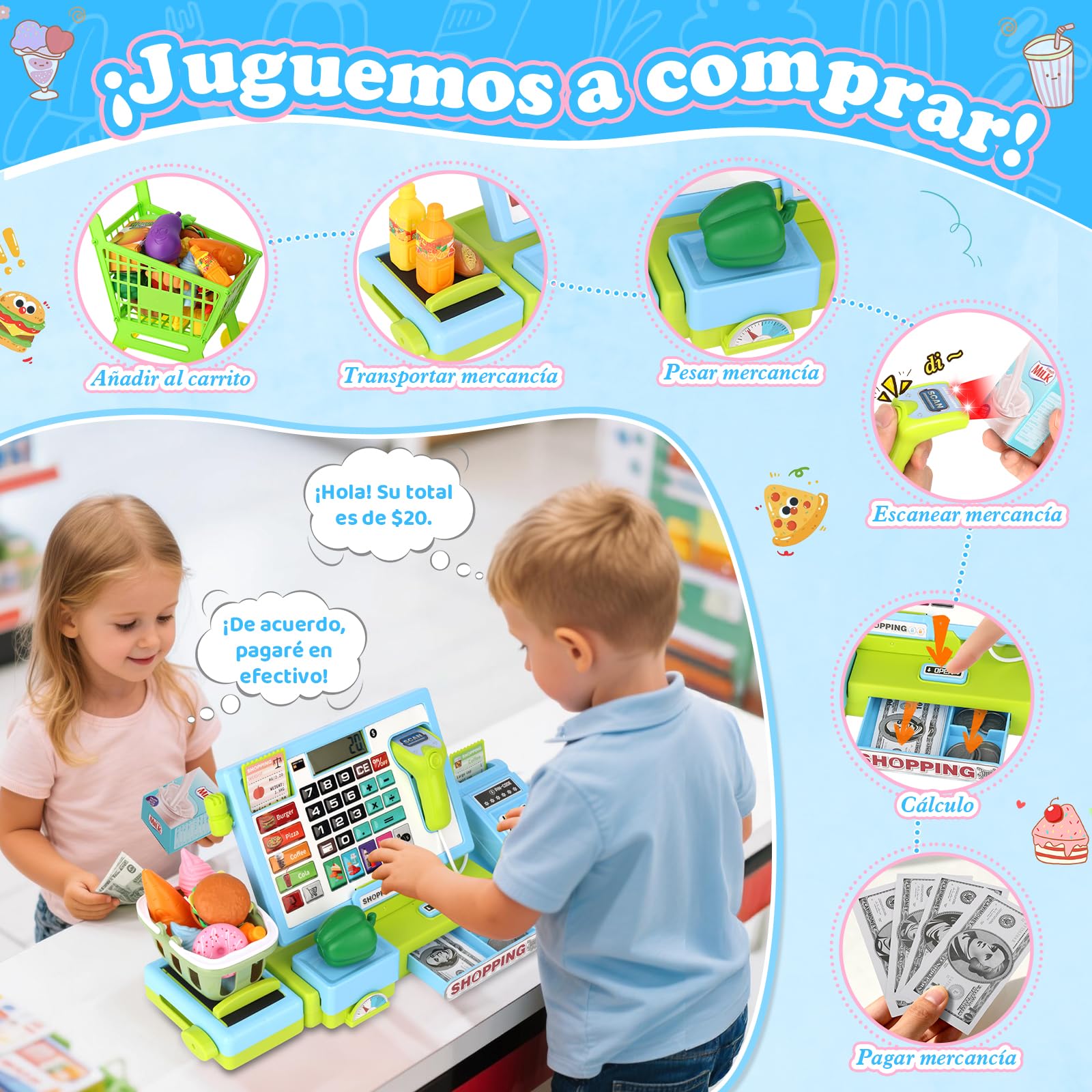 Caja Registradora Juguete Niños Juego de Imitación Supermercado con Sonidos, la Compra, Regalo Educativo para Niños y Niñas de 3, 4, 5, 6 Años (Blau)