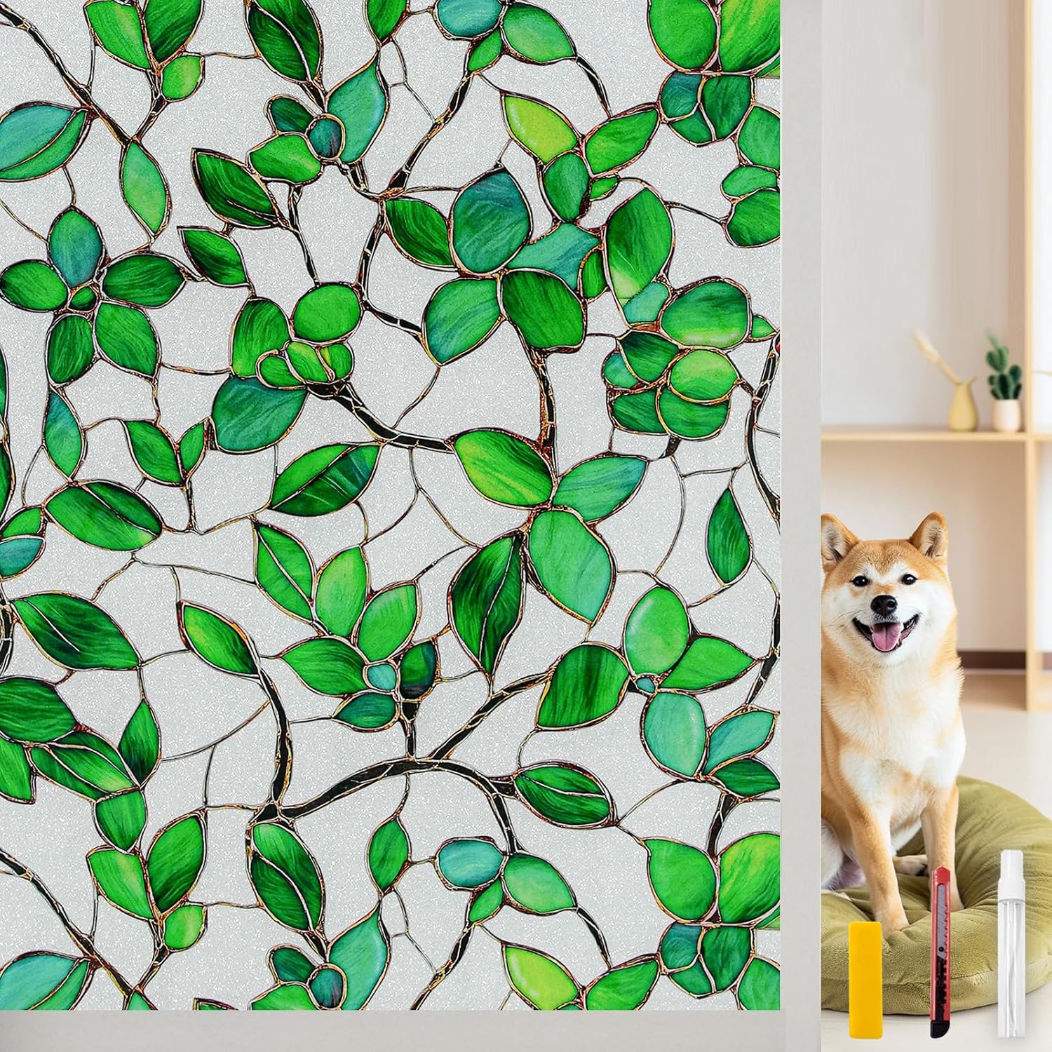 Window Privacy Film Stain Glass Window Film Frosted Window Film Window clings Non-Adhesive Reusable Decorative for Room (Frosted Greenery Leaf, 45.2 x 78.7 in) 45.2 x 78.7 in Frosted Greenery Leaf