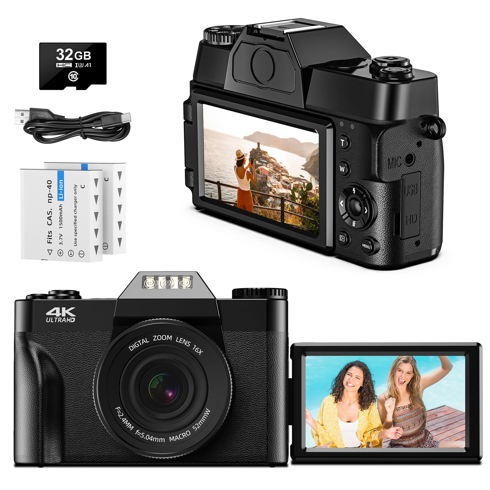 4K Digital Camera, Autofocus 56MP Point and Shoot Digital Cameras 16X Digital Zoom, 3.0'' Compact Digital Camera, Kids Digital Camera with 2 Batteries and a 32GB SD Card, for Teens Students