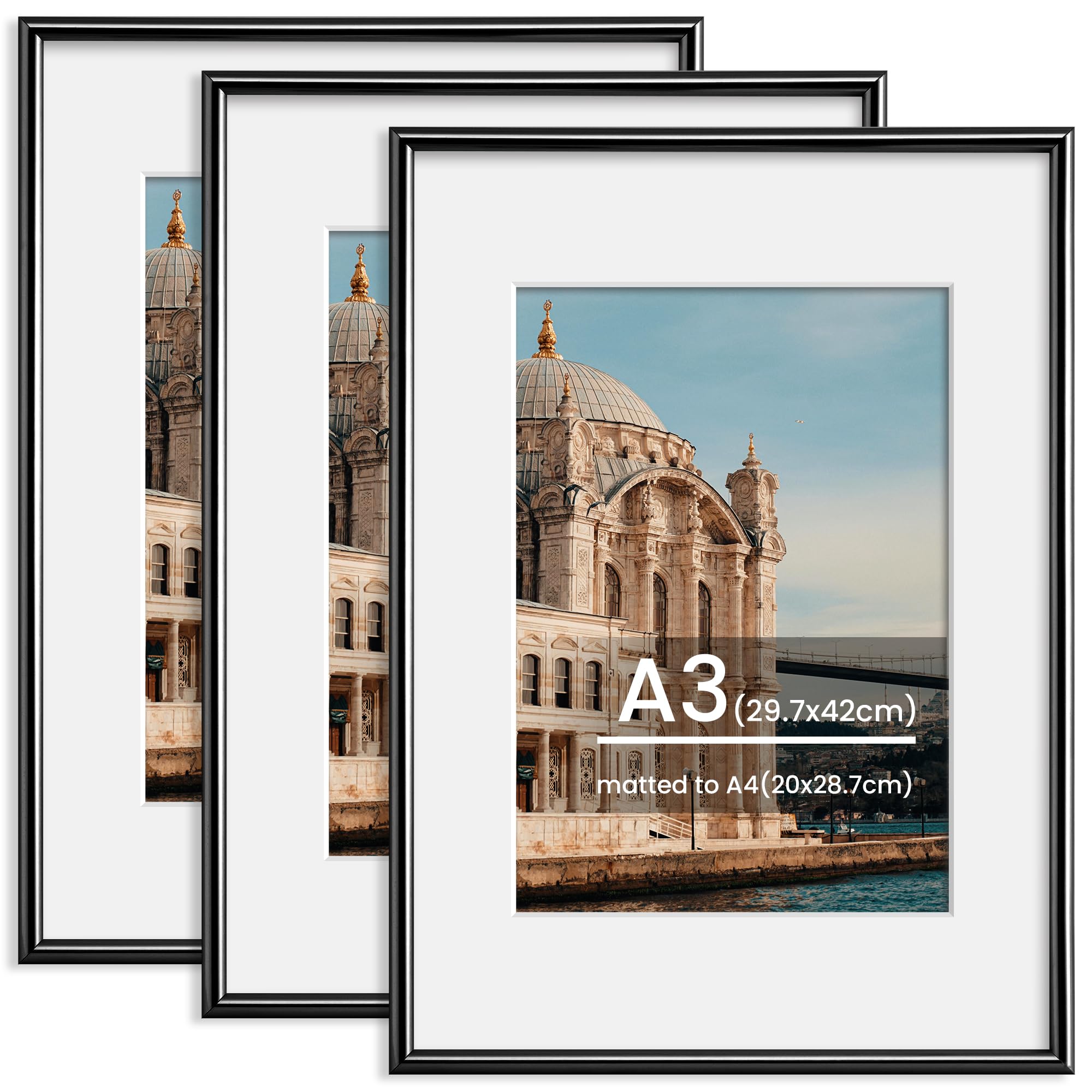 FLYJOE A3 Picture Frame, Display Pictures 8x11.3 with Mat or 11.7 x 16.5 Without Mat, Wall and Tabletop Display Photo Frame, Black, 3 Pack