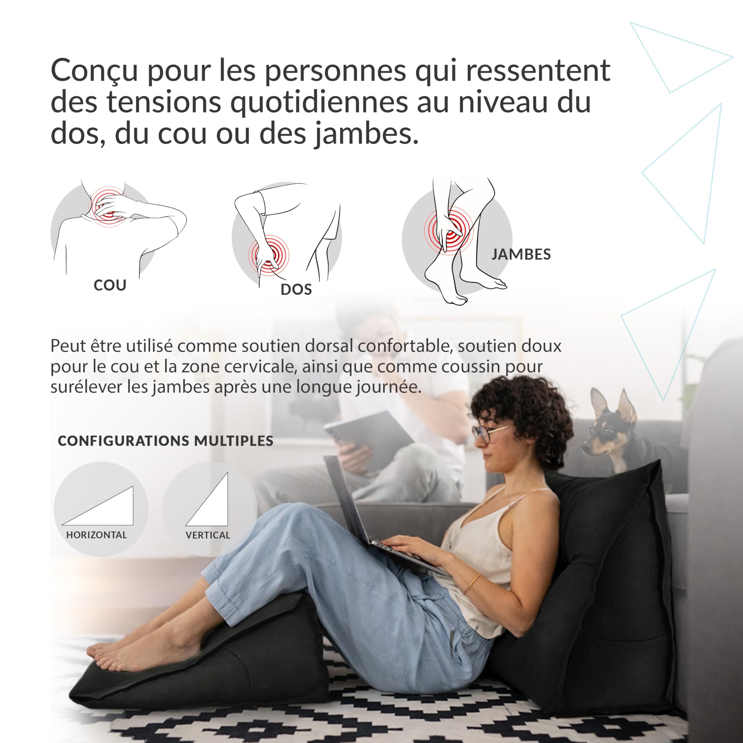POKAR Coussin de Lecture 100x50x20 cm | Coussin Dossier Canapé et Lit | Gros Coussin Triangulaire avec Poche Latérale Pratique | Certifié Oeko Tex | Gris