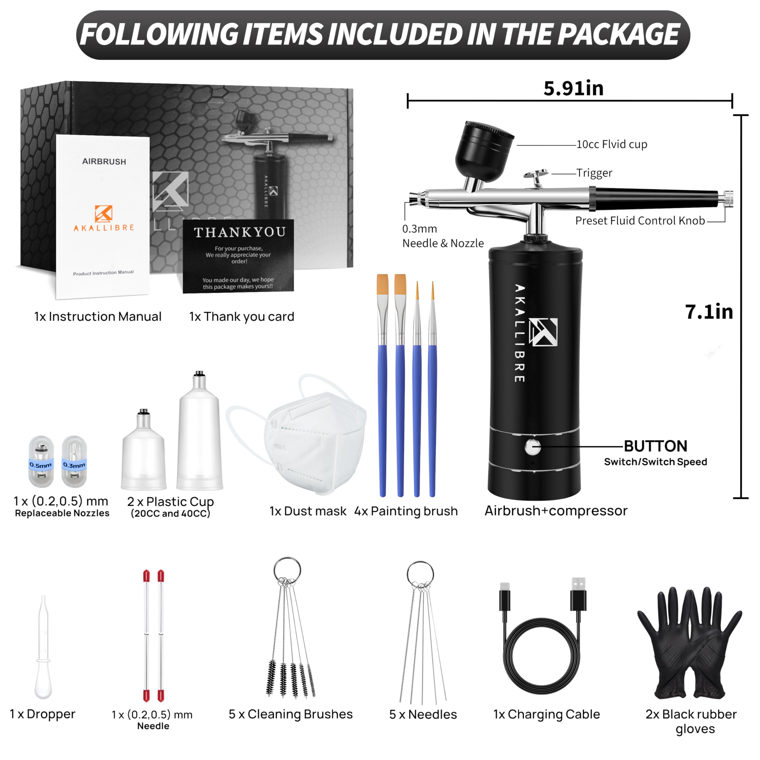 Kit de aerógrafo con compresor, pistola de aerógrafo de alta presión de 48 PSI con boquillas de 0,2/0,3/0,5 mm, aerógrafo portátil para arte de uñas, decoración de pasteles, pintura, etc.