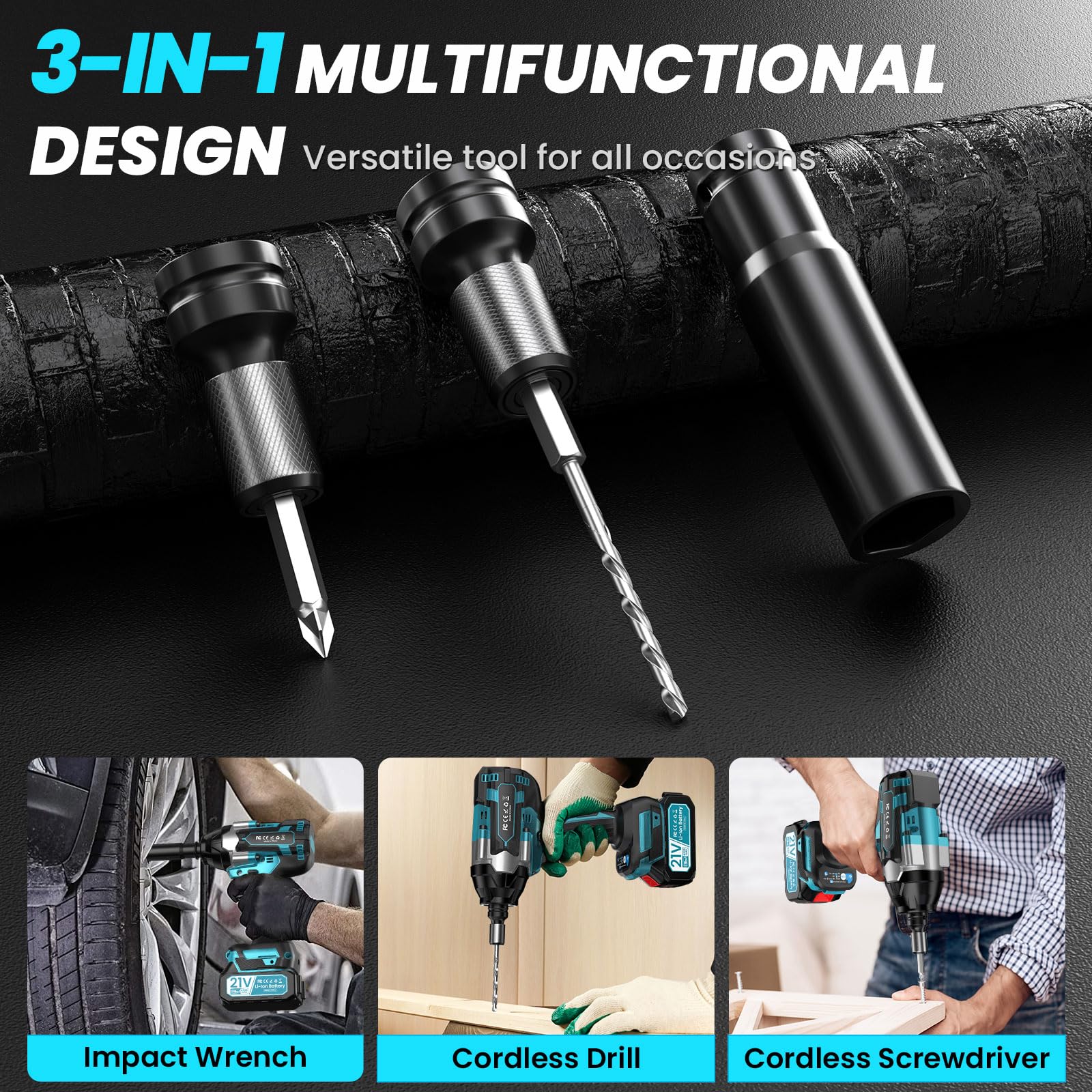 Avvitatore a Impulso, Elettroutensile Professionale 3 in 1 Set di Chiave Elettrica/Trapano Elettrico/Cacciavite ad Alta Coppia da 1000 Nm, Riparazione Auto, Cantiere, Manufatto Fai da Te per la Casa