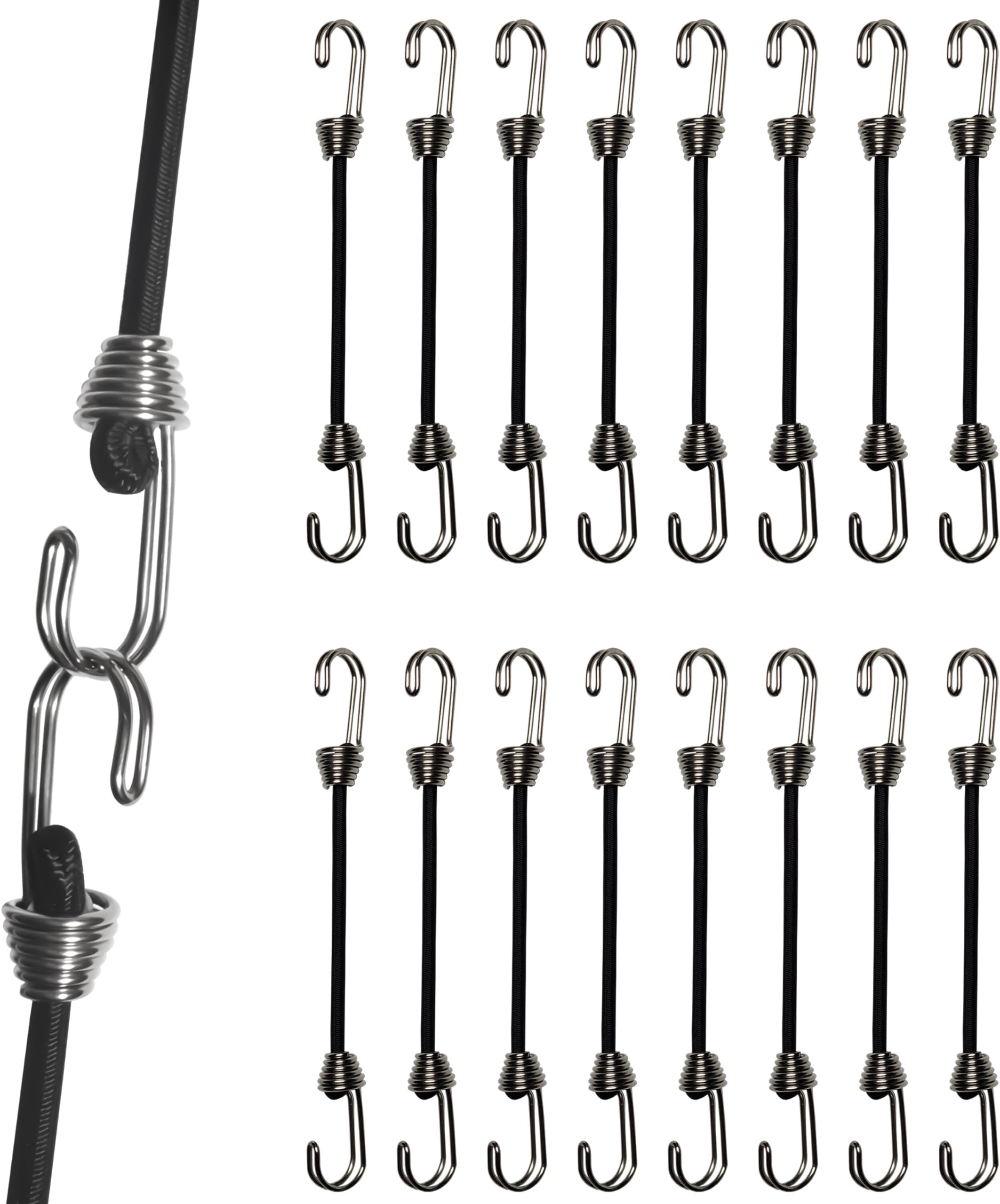 Mini Bungee Cords with Hooks. Small Bungee Cords with Hooks, Versatile Outdoor Bungee Cord Set. (16, Black, 3")