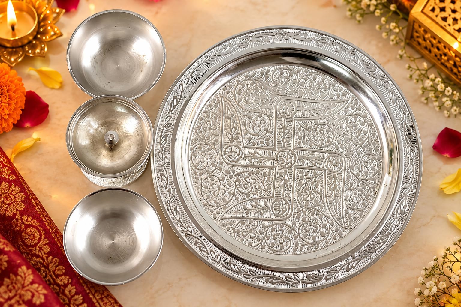 Silver Plated Pooja Thali Set with Diya & Bowls -5