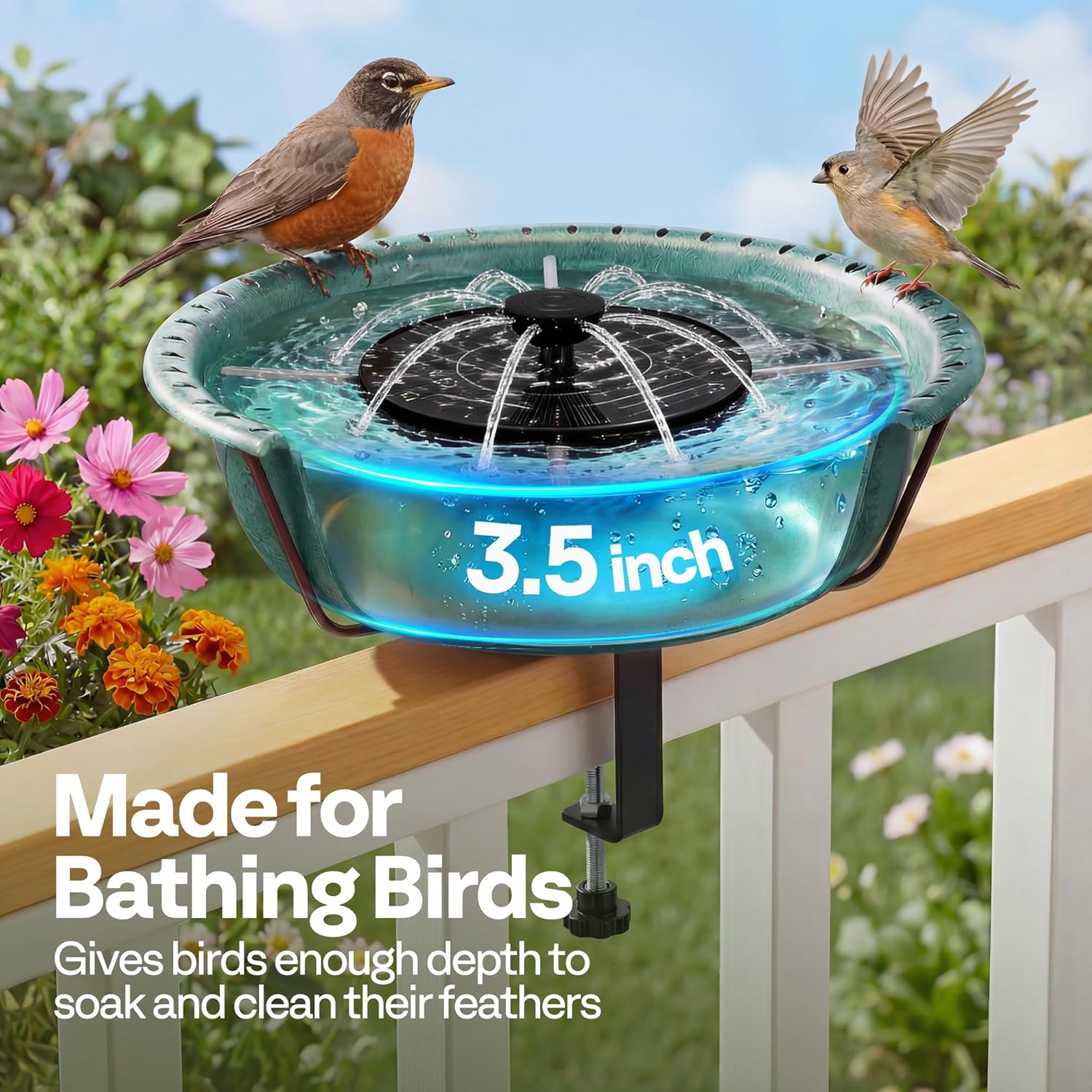 VIVOHOME Deck Mounted Bird Bath with Solar Fountain, Outdoor ABS Birdbath Bowl with Adjustable Metal Clamp, Solar Powered Pump for Railing, Fence, Balcony, 1.45 Gallons, Green