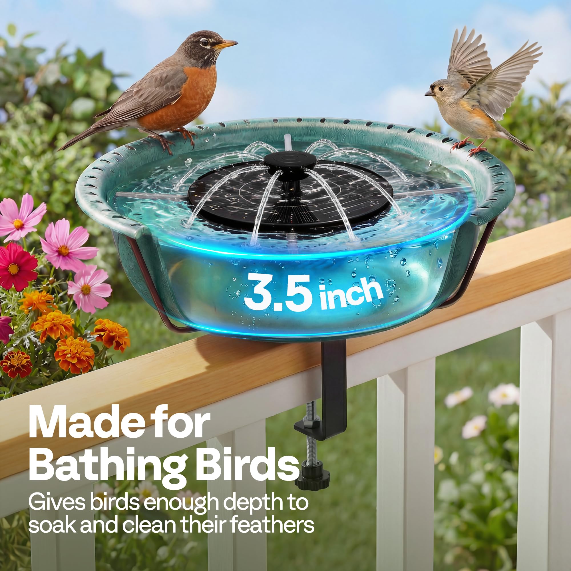 VIVOHOME Deck Mounted Bird Bath with Solar Fountain, Outdoor ABS Birdbath Bowl with Adjustable Metal Clamp, Solar Powered Pump for Railing, Fence, Balcony, 1.45 Gallons, Green - image 6