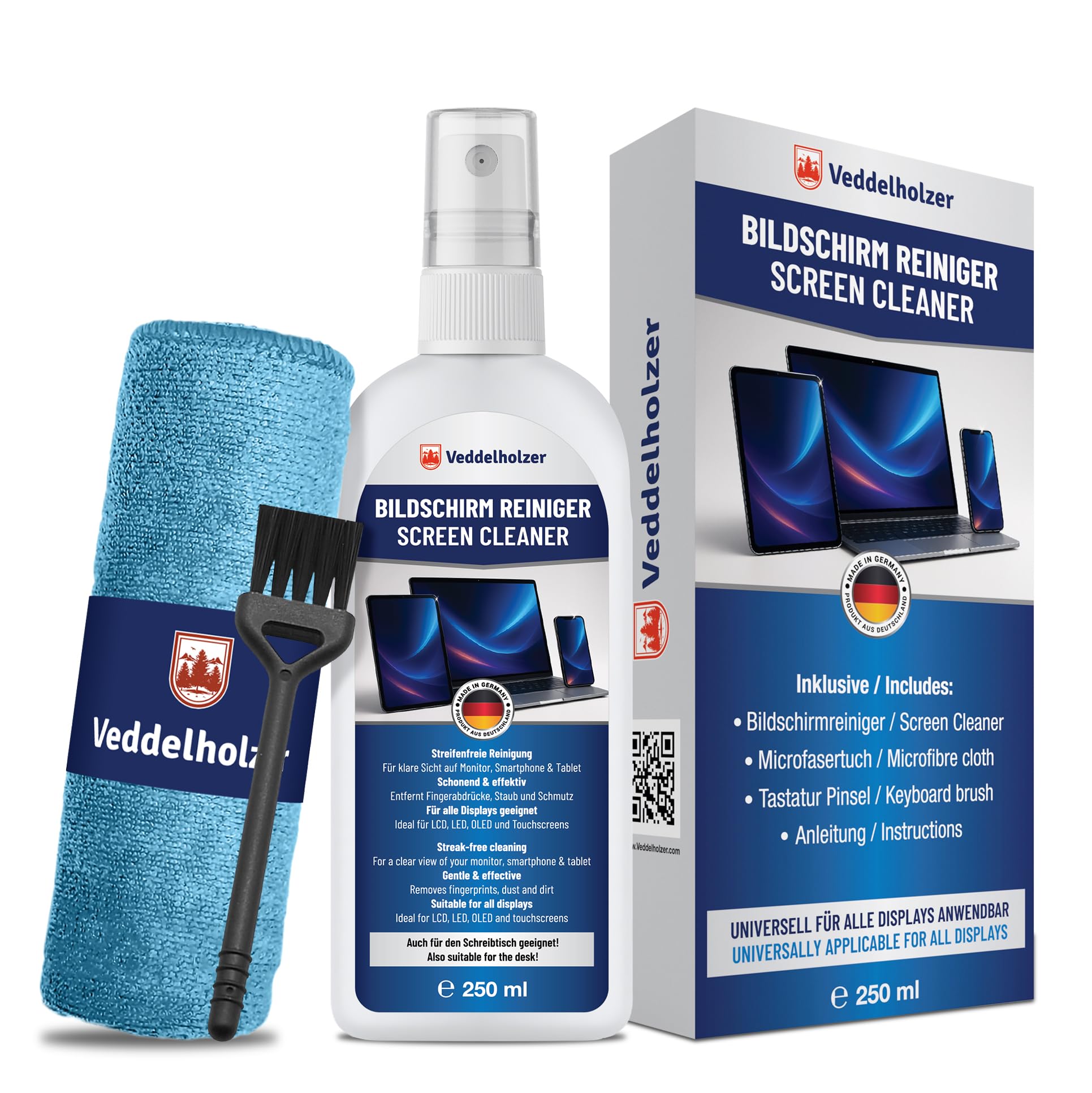 Veddelholzer Set di pulizia dello schermo da 250 ml, detergente per display con panno in microfibra e pennello per tastiera, per laptop, monitor, TV, smartphone, display auto, pulizia senza strisce