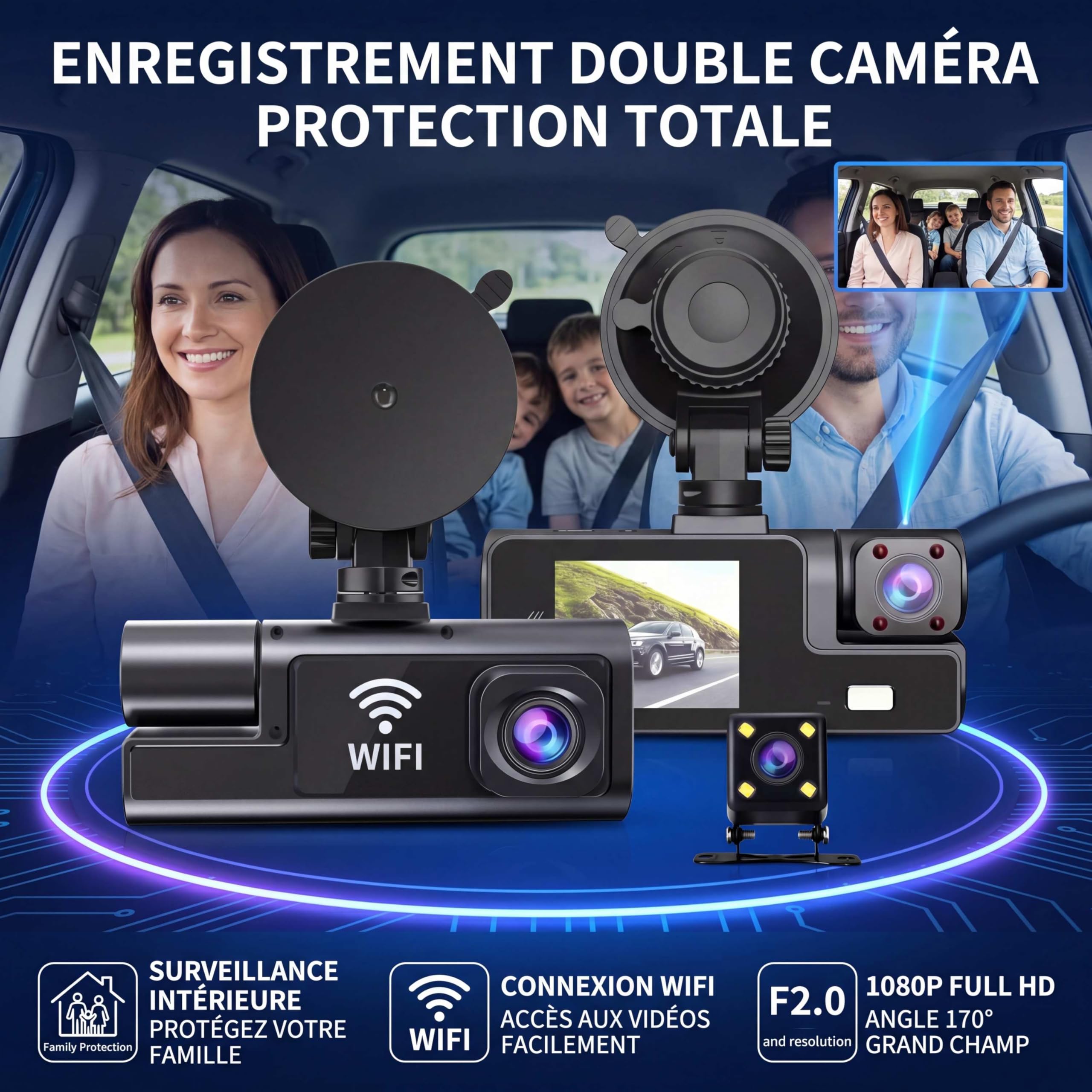 Telecamera Dashcam 3 telecamere 1080P Full HD | Massima sicurezza a 360° senza angolo morto, visione notturna e parcheggio monitorato, WiFi integrato rilevamento del movimento, ideale per i conducenti