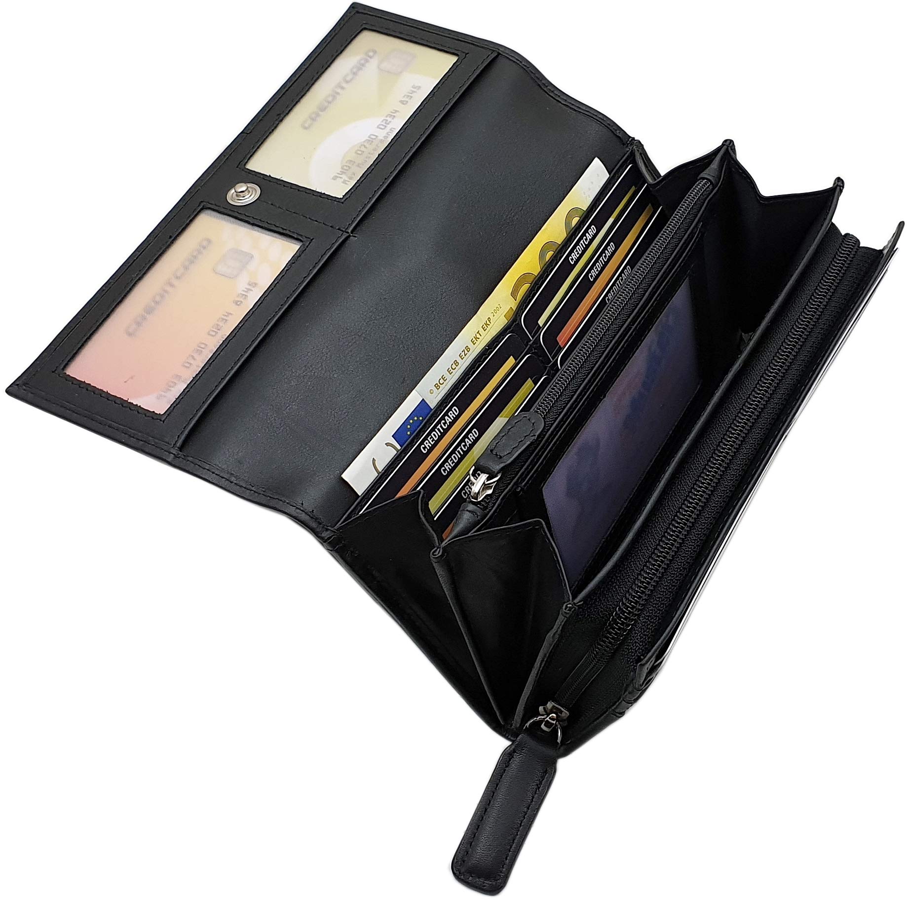 Cuero de vaca napa cartera grande para mujer con bloqueo RFID y NFC (Negro)