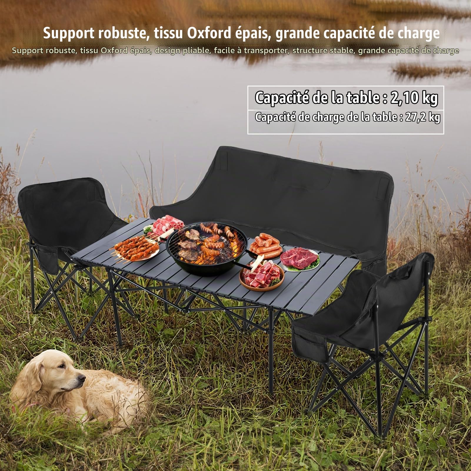 Canapé de Camping 2 Places, Set 4 Pièces avec Table et Fauteuils Pliables