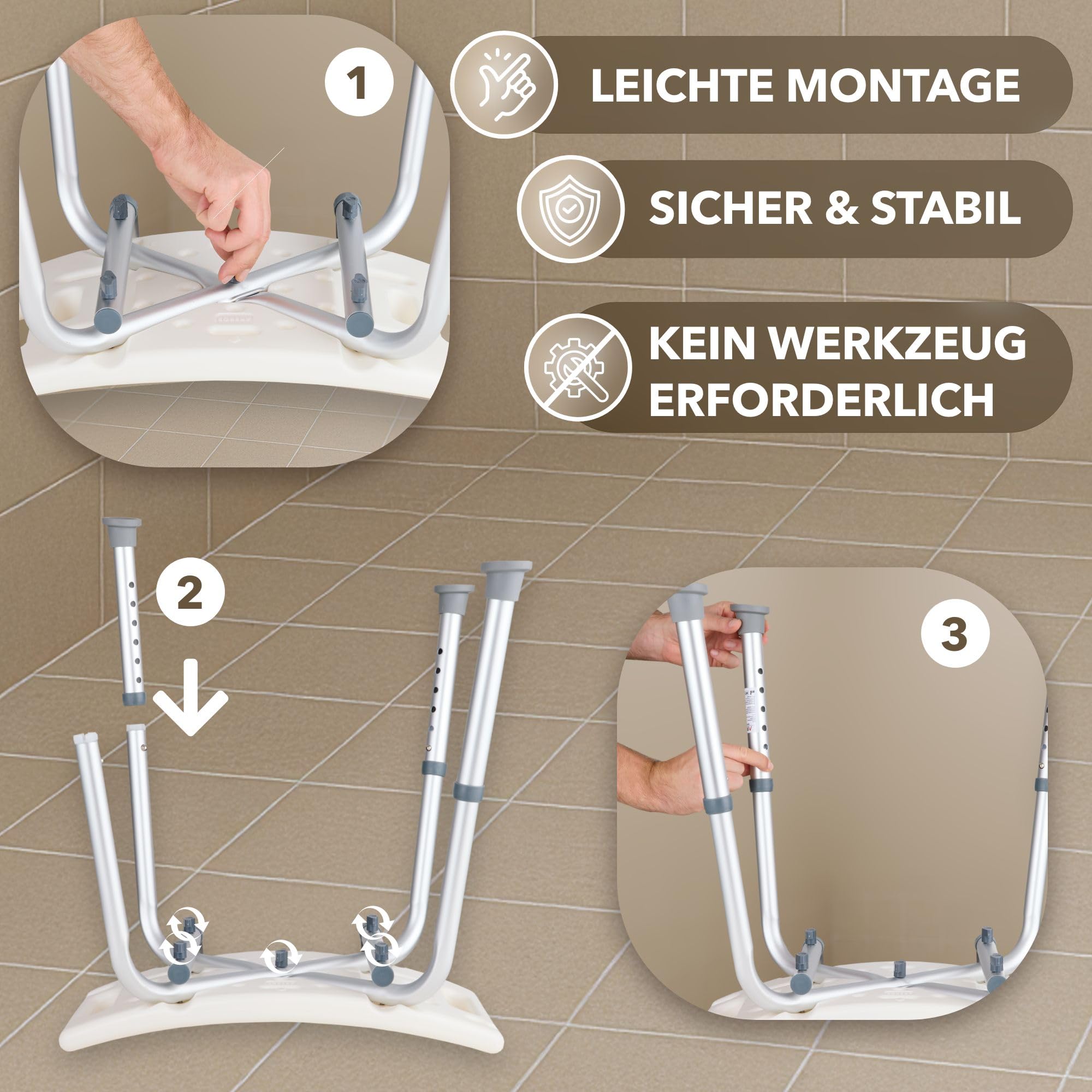 Arebos Duschhocker mit Rückenlehne & Brausenhalterung | Höhenverstellbarer Badestuhl 40–54 cm | rutschfeste Gummifüße | Leicht & Stabil | Bis 100 kg belastbar | Ideal für Senioren & Pflege