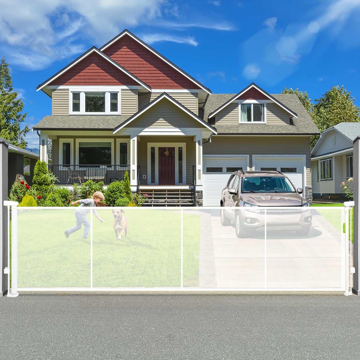 120" Retractable Baby Gate Extra Wide, 41" Tall Retractable Dog Gate for Stairs, Doorways, Decks, Mesh Gate Long Child Gate Pet Gate for Indoor, Outdoor, with Reinforced Mesh Rods, Dual Locks White 120"