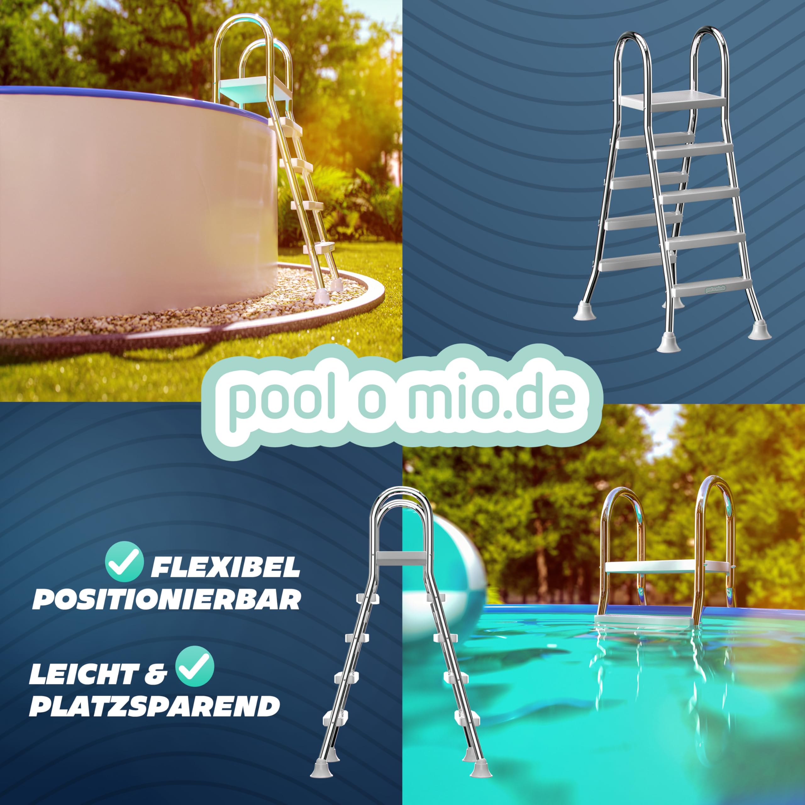 poolomio® Drabina basenowa ze stali nierdzewnej z poręczą do 140 cm, drabina wejściowa z 4 stopniami do basenów rozkładanych do 1,40 m wysokości, bezpieczne wejście, trwała, stabilna, nośność 150 kg