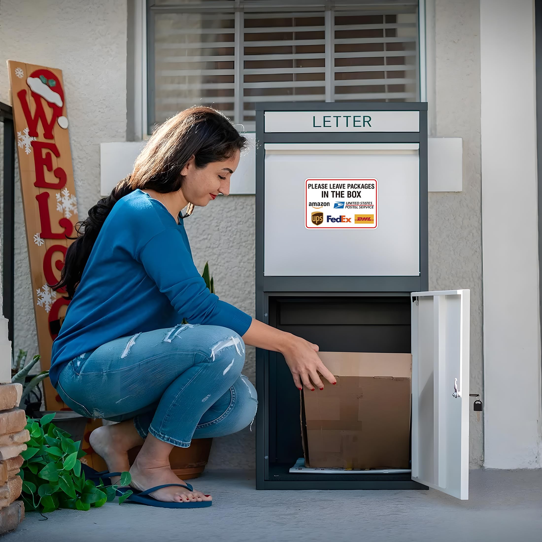 Znak "Please Leave Packages and Deliveries Here", samoprzylepne, odporne na warunki atmosferyczne znaki dostawy dla paczek, umieść paczki w pudełku do domu, biura, sklepu, pudełka, drzwi, 20 cm x 14