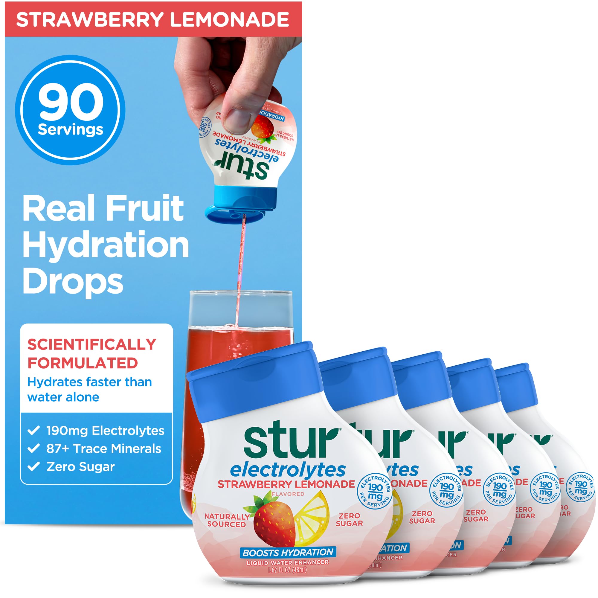 Stur Electrolyte Water Enhancer | Sweetened with Stevia | High in Vitamin C & Antioxidants | Sugar Free | Zero Calories | Keto | Vegan | 5 Bottles, Makes 90 Drinks (Strawberry Lemonade)