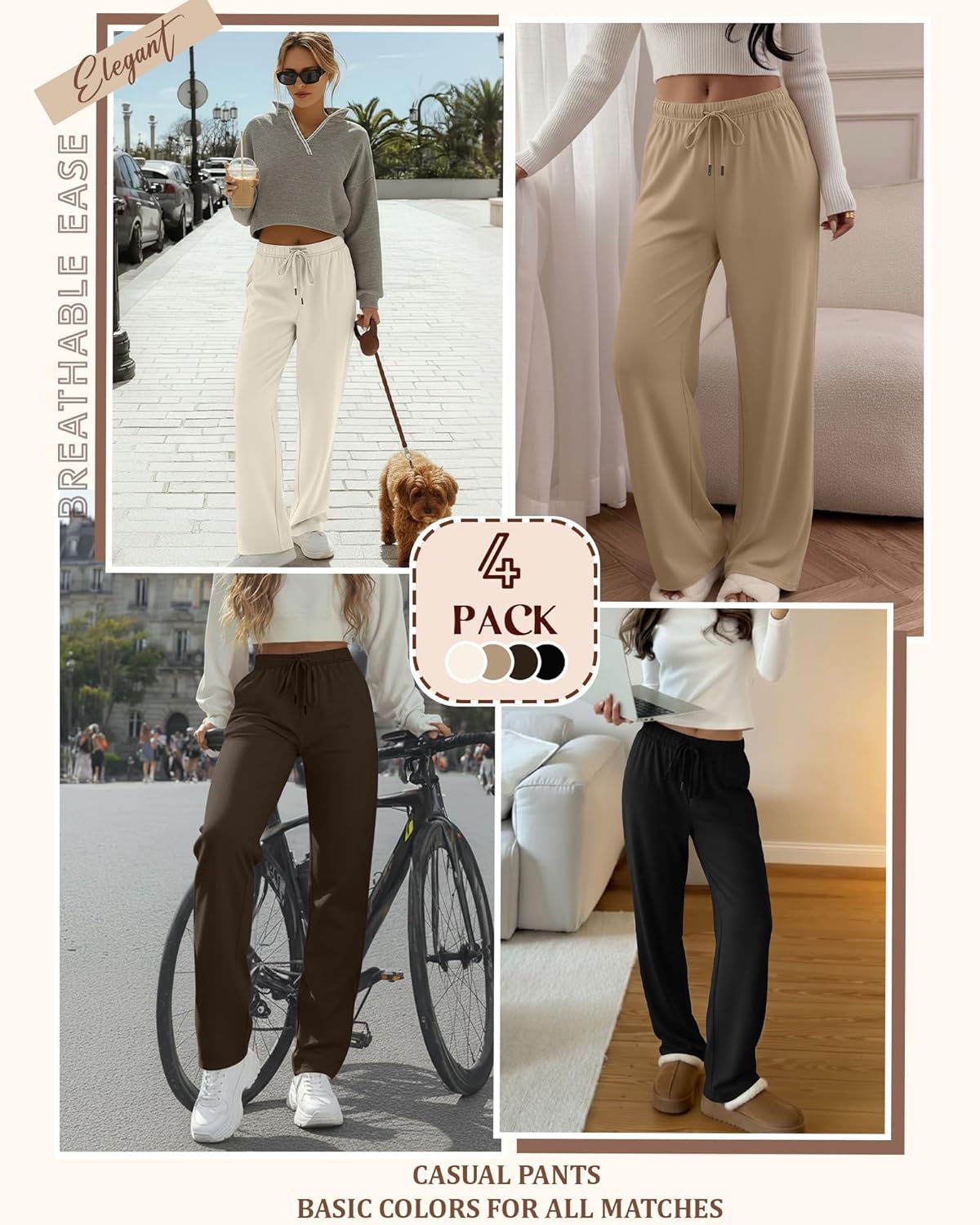 4 Pack Women's Wide Leg Yoga Pants Drawstring Casual Lounge Pants Comfy Loose Cozy Sweatpants with Pockets(Black, Brown, Khaki, Cream,X-Large) - Image 3