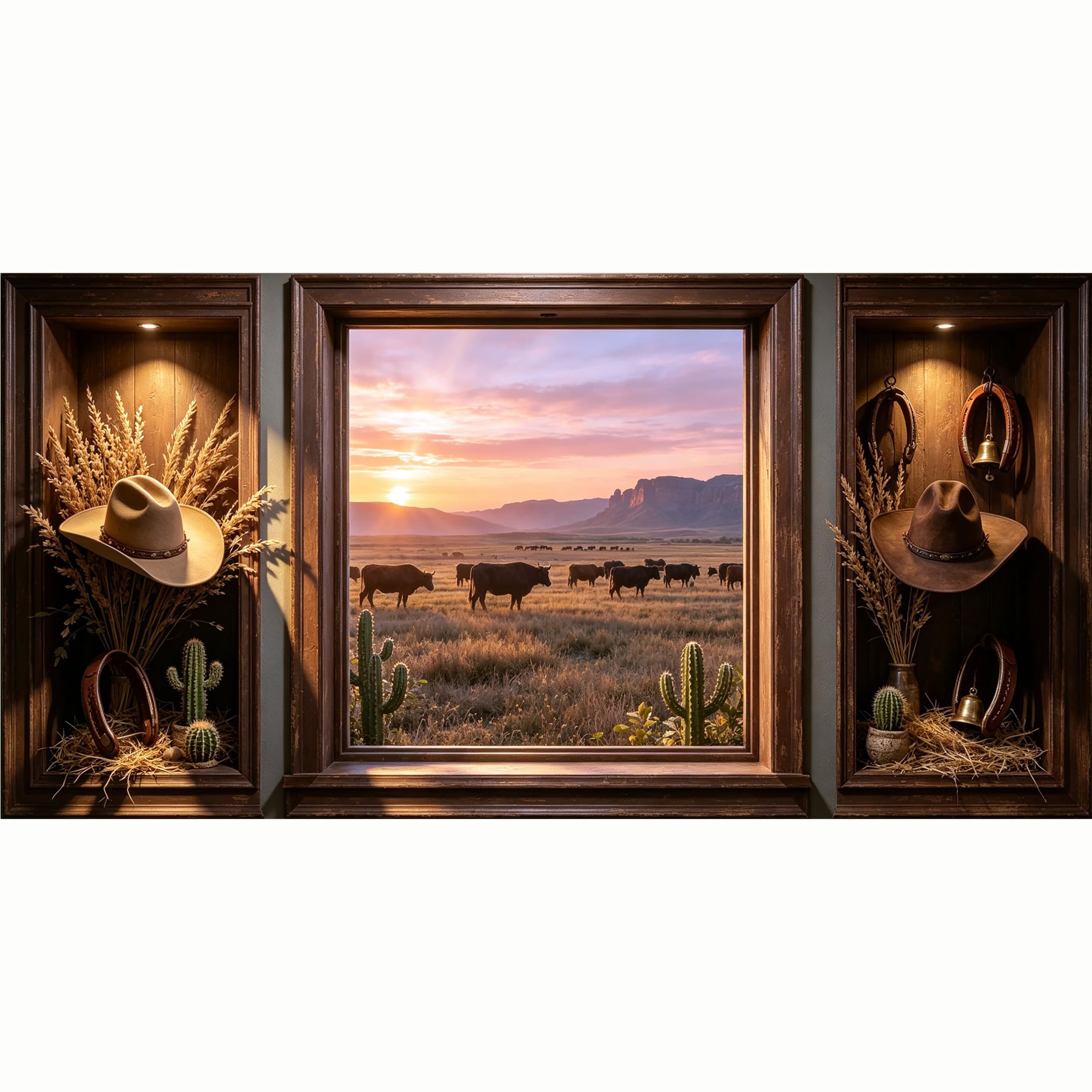 QZLITHOTIC 50x100cm 3D Framed Wall Art， Western Sunset Ranch Landscape Cactus Mural， Water‑Activated Peel & Stick Fabric Decor Wall Decal for Bedroom Living Room
