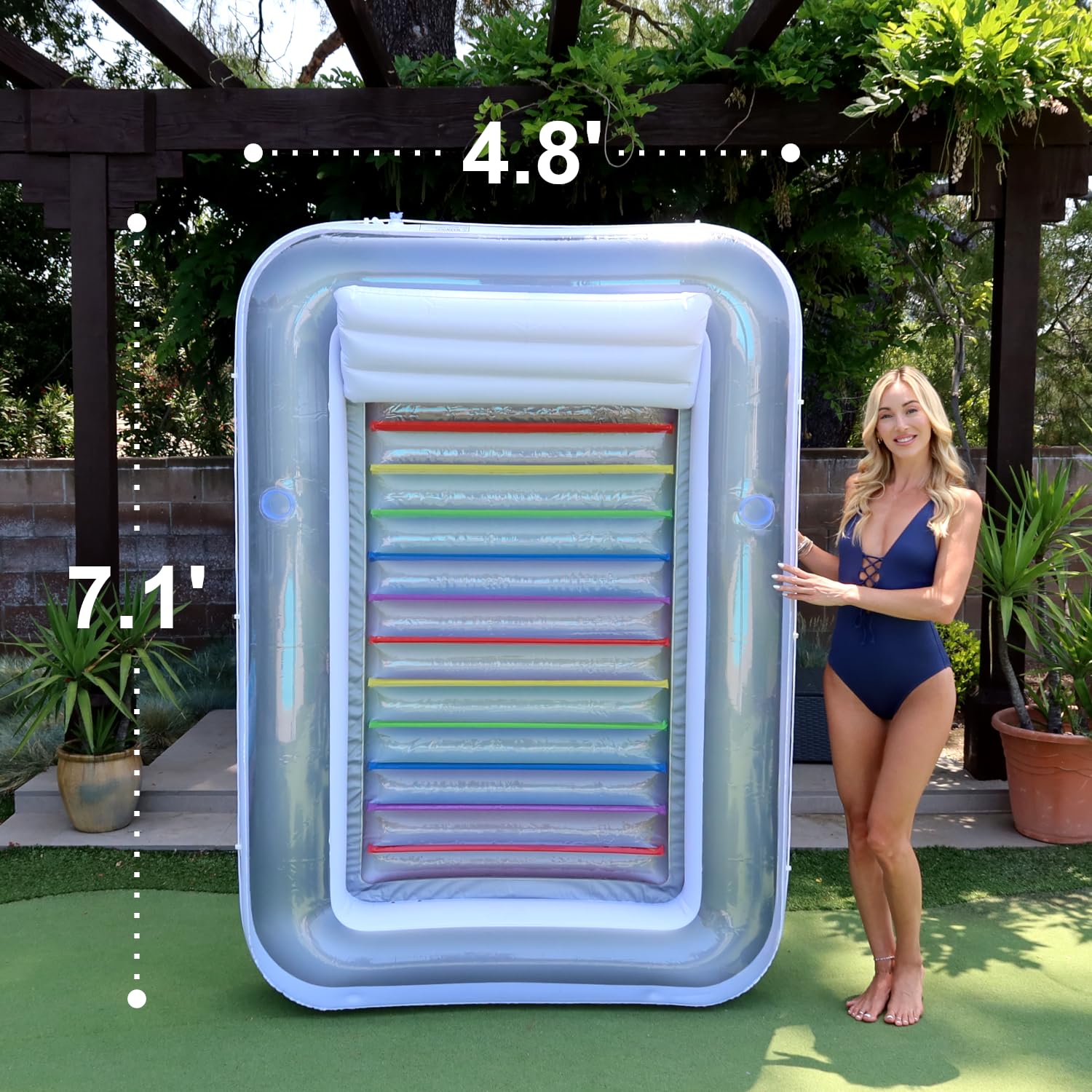 Inflatable Tanning Pool Lounger Float w/Reflective Base (Electric Pump Included) 85” x 58” - Sun Bathing Sun Tanning in Pool or Backyard: White (W/ Reflective Base)