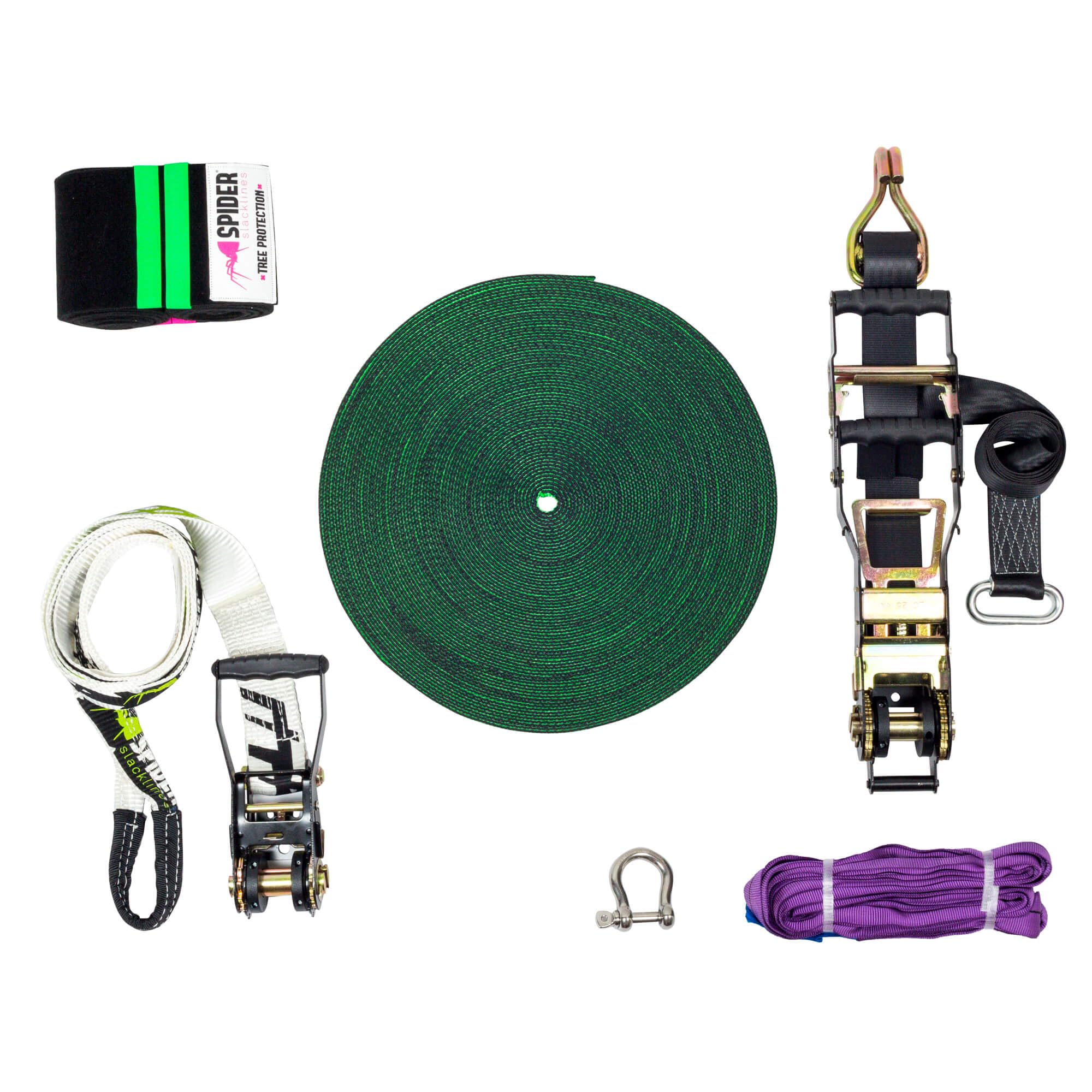 Kit Longline Fly Line 50, Slackline 45 m, Mandingo-Ratsche slow release XL, weiße Ratsche 2,5 m, Schäkels 1,5T, Baumschutz XL, Slingbag inklusive - Komplett-Kit für Slackliner