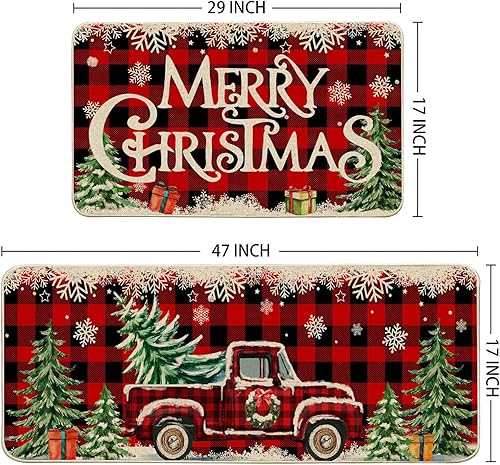 Miniatura 3 de Tapetes de cocina navideños para piso, diseño de camión de granja, diseño de búfalo rojo, decoración de cocina navideña, juego de 2 alfombras de