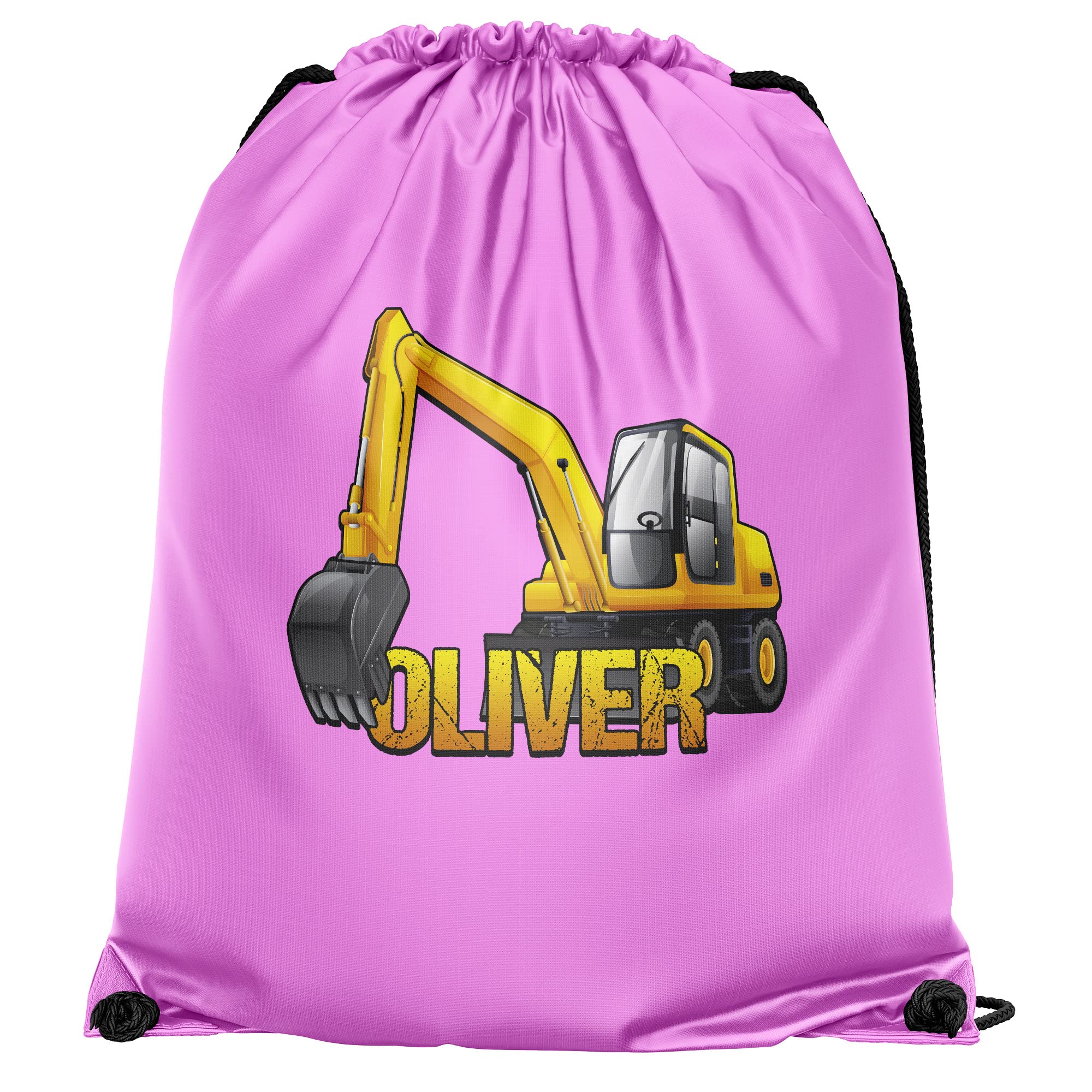 Personalised Yellow Digger Drawstring Bag, Custom Back to School and Nursery Gifts for Boys, Digger Crazy Boys, Essential Kids PE Kit Swimming Bag, One Size, Light Pink