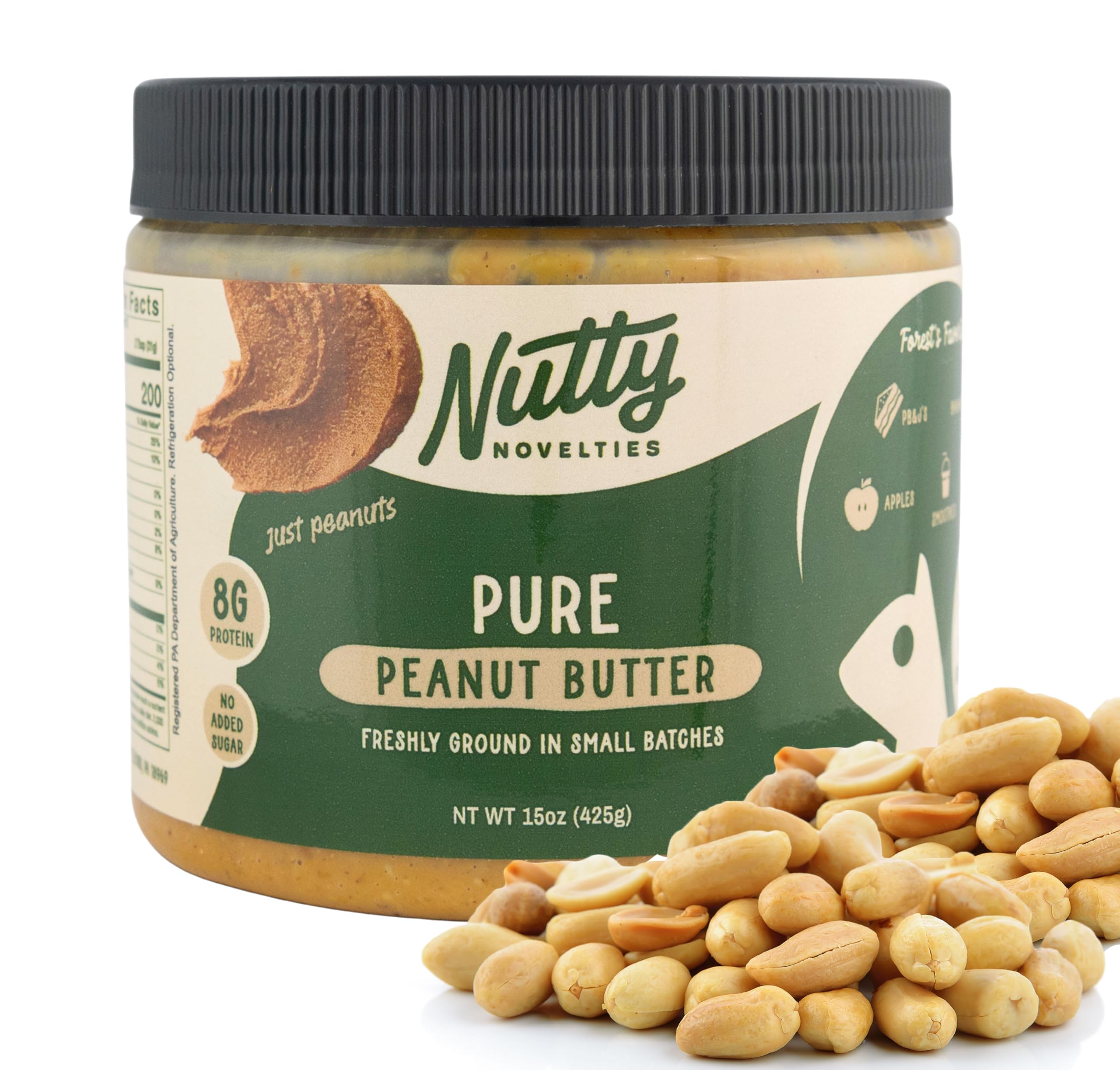 Nutty Novelties Pure Peanuts Peanut Butter - High Protein, Low Sugar Healthy Peanut Butter - Vegan & All-Natural Peanuts Free of Cholesterol & Preservatives - 15 Ounces
