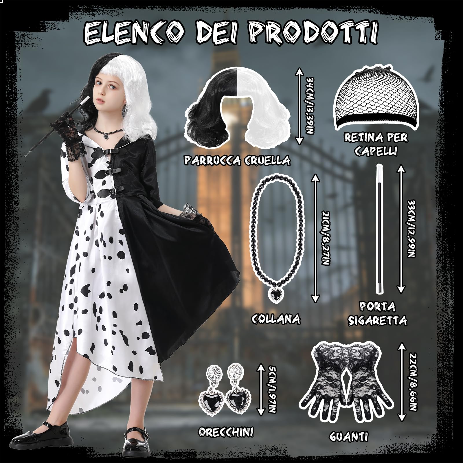 IEEILULU Cruella Costume Bambina, Vestito Crudelia Demon Donna, Costume da Crudelia Deville per Ragazze, Buono per il Ragazze Cosplay di Halloween - il Carnevale del Male