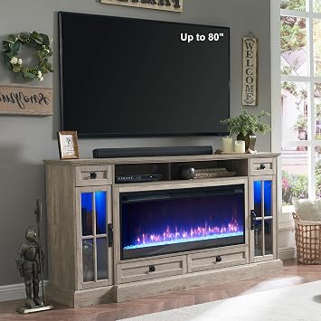 RedLemon Farmhouse Fireplace TV Stand for 80 Inch TV, Light Rustic Oak | 36" Tall Entertainment Center, 42" Crystal Eletric Fireplace, Modern Media Console Table, LED Lights, for Living Room
