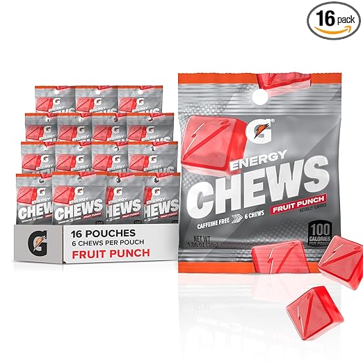 Gatorade Energy Chews, Fruit Punch, Caffeine Free, B12, 1.06 oz - 100 Calorie Pouches, (16 Pack)